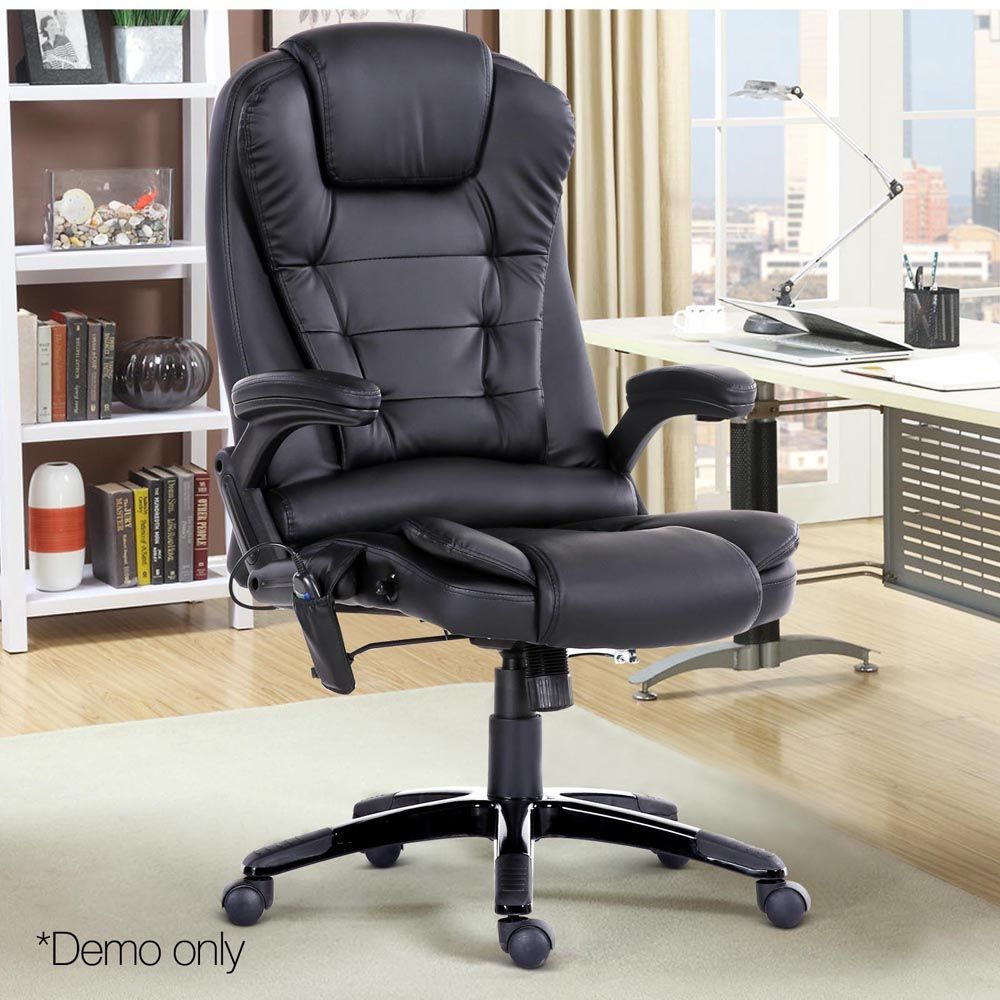 Black PU office recliner chair with padded arms and rolling caster base