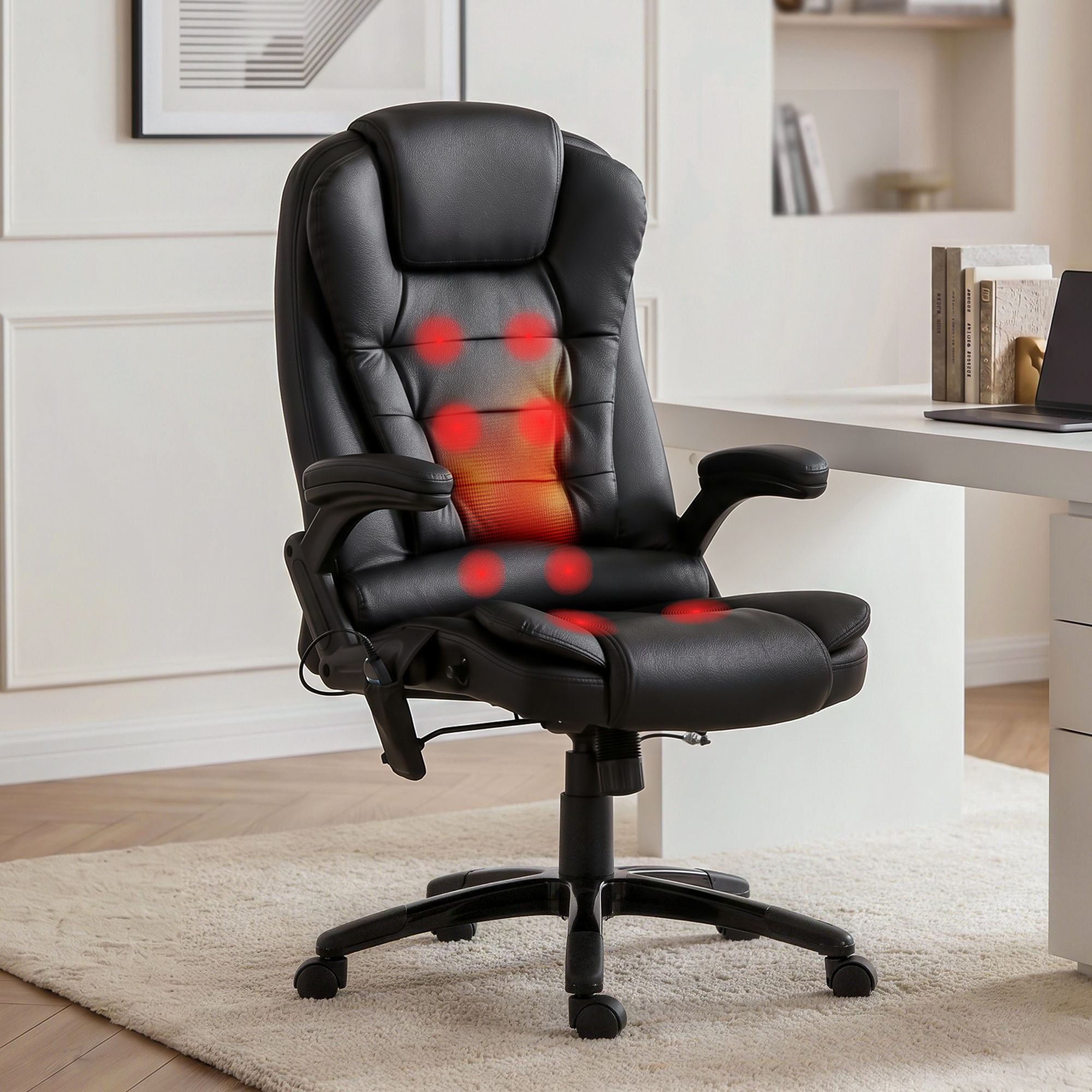 Black PU office chair with massage heat indicators on back and seat