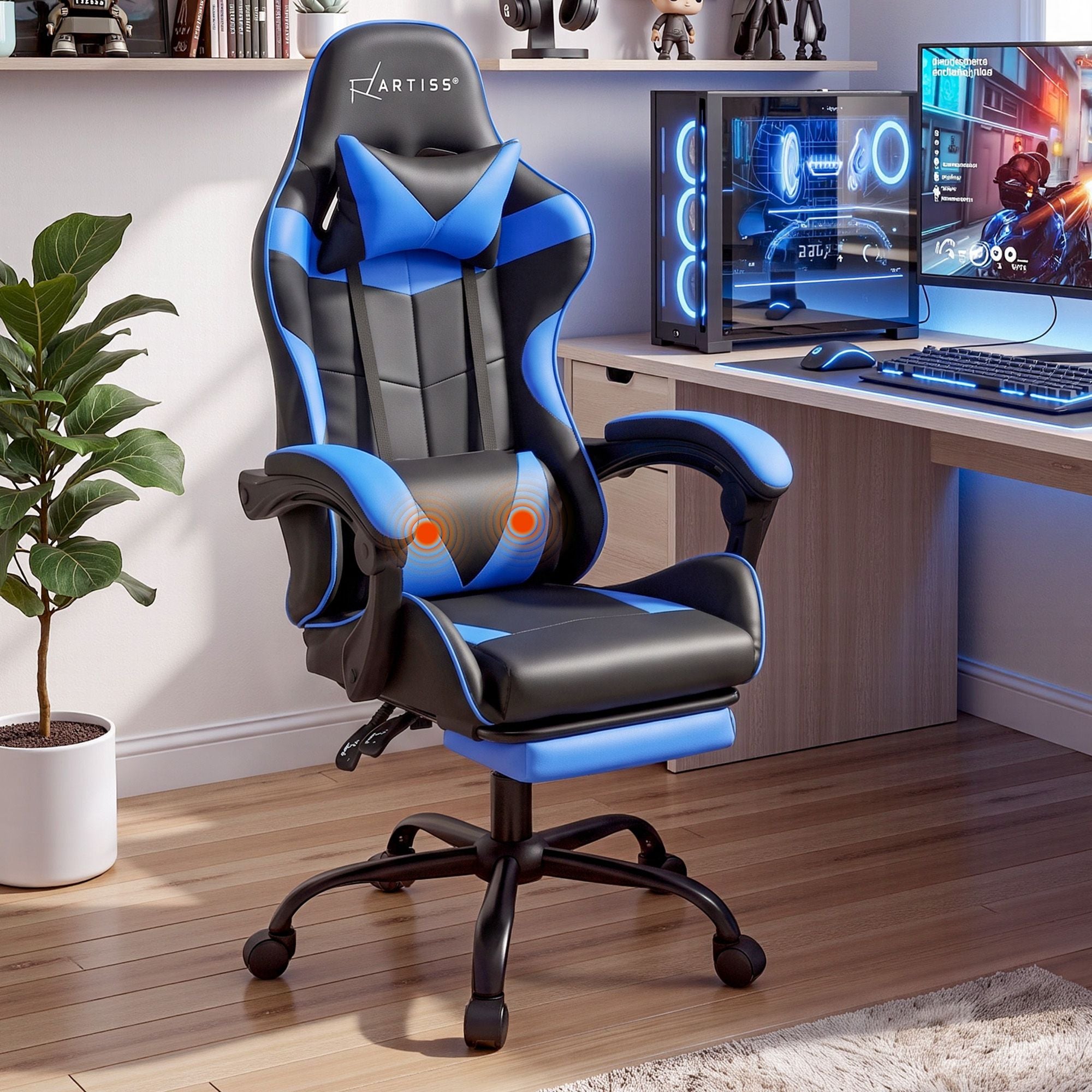 Artiss 2 Point Massage Gaming Office Chair Footrest Blue Bedworld