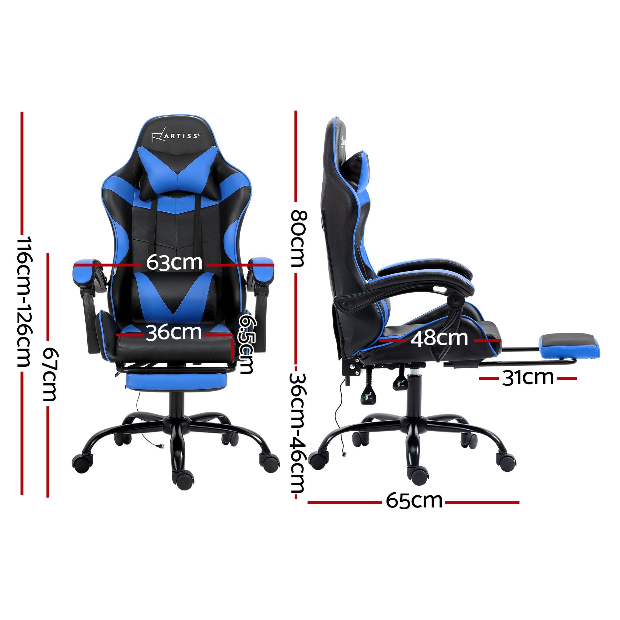 Artiss 2 Point Massage Gaming Office Chair Footrest Blue Bedworld