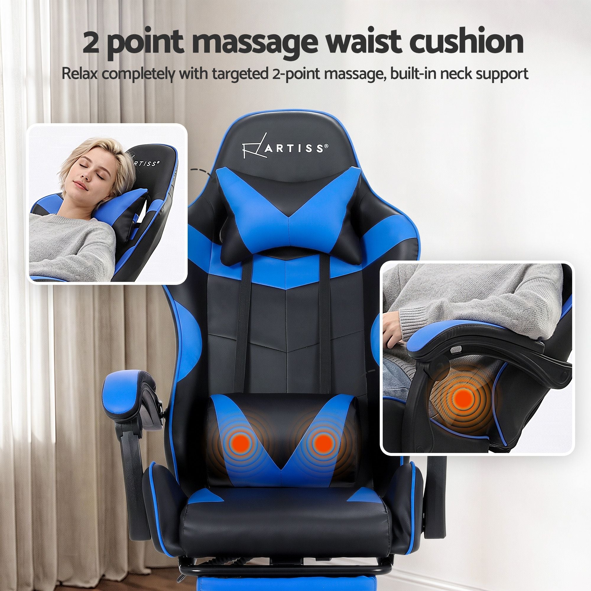 Artiss 2 Point Massage Gaming Office Chair Footrest Blue Bedworld