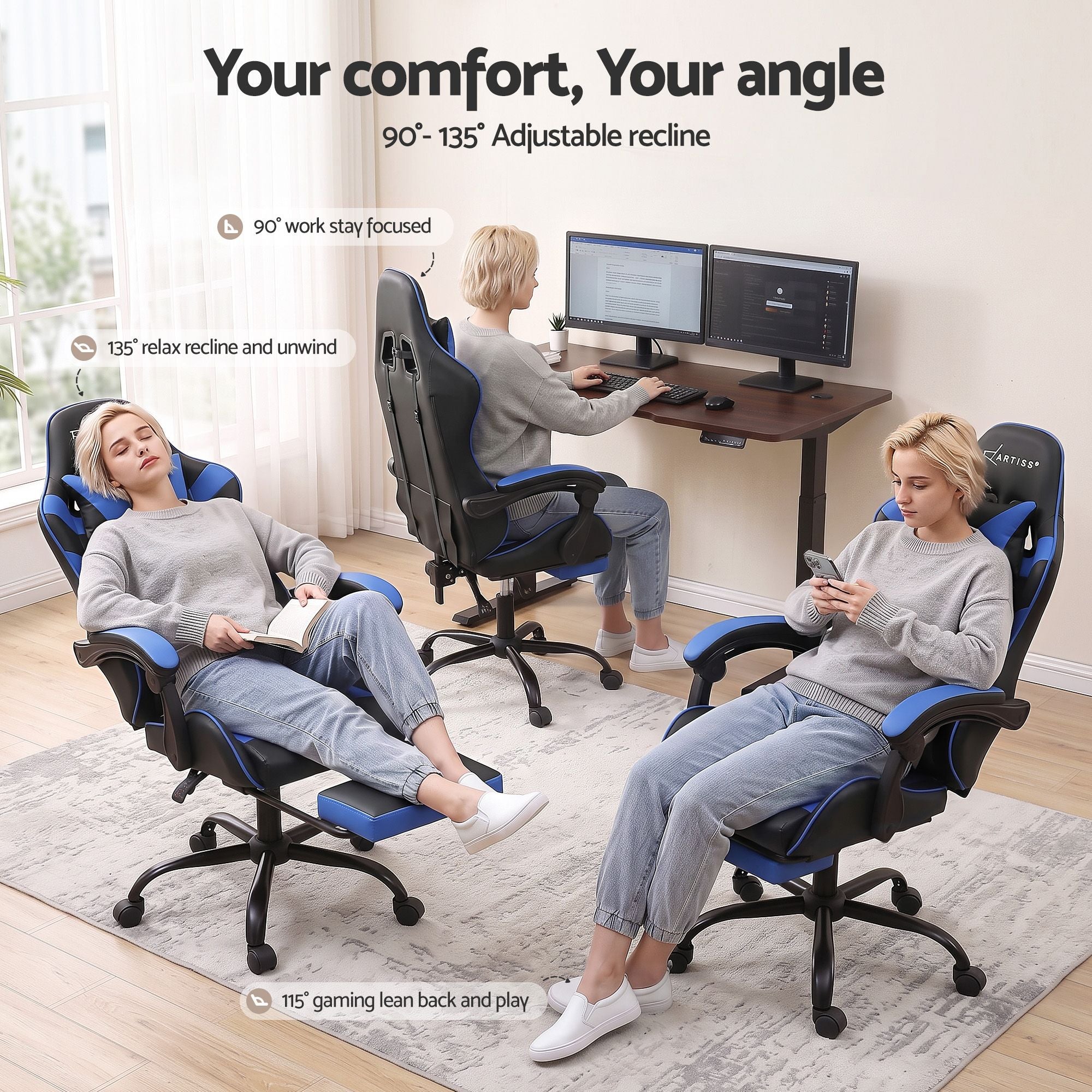 Artiss 2 Point Massage Gaming Office Chair Footrest Blue Bedworld