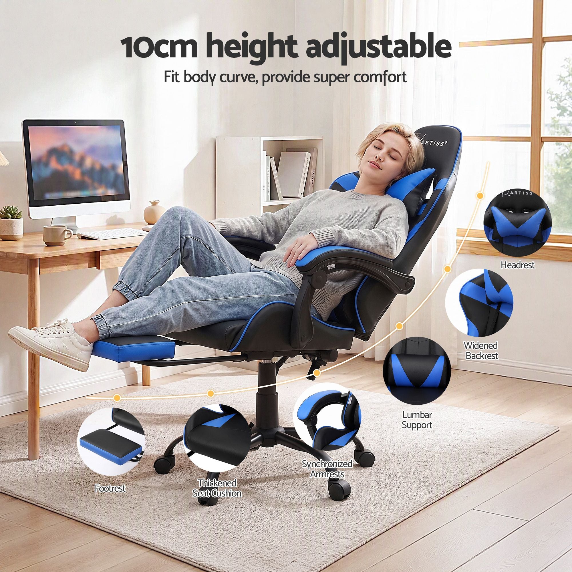 Artiss 2 Point Massage Gaming Office Chair Footrest Blue Bedworld