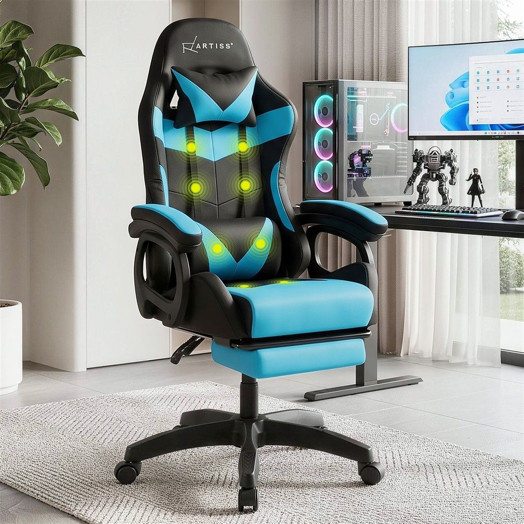 Artiss Gaming Office Chair with 8 Point Message Reline Ergonomic Blue Bedworld