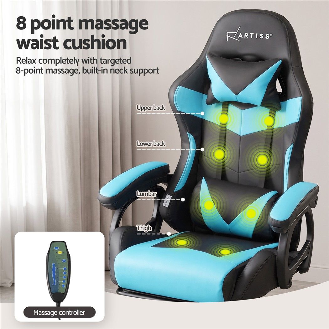 Artiss Gaming Office Chair with 8 Point Message Reline Ergonomic Blue Bedworld