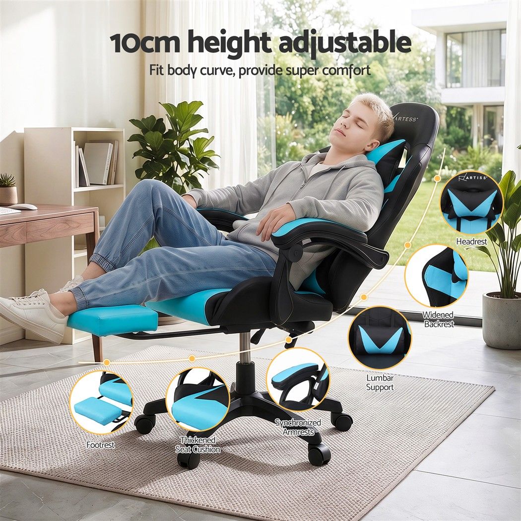 Artiss Gaming Office Chair with 8 Point Message Reline Ergonomic Blue Bedworld