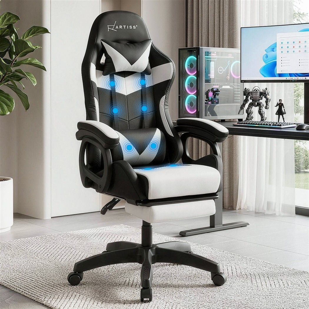 Artiss Gaming Office Chair with 8 Point Message Reline Ergonomic White Bedworld