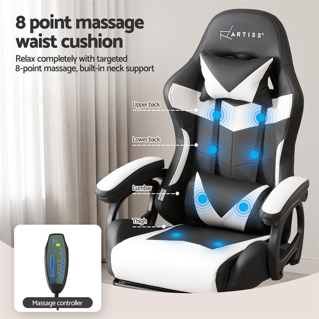 Artiss Gaming Office Chair with 8 Point Message Reline Ergonomic White Bedworld