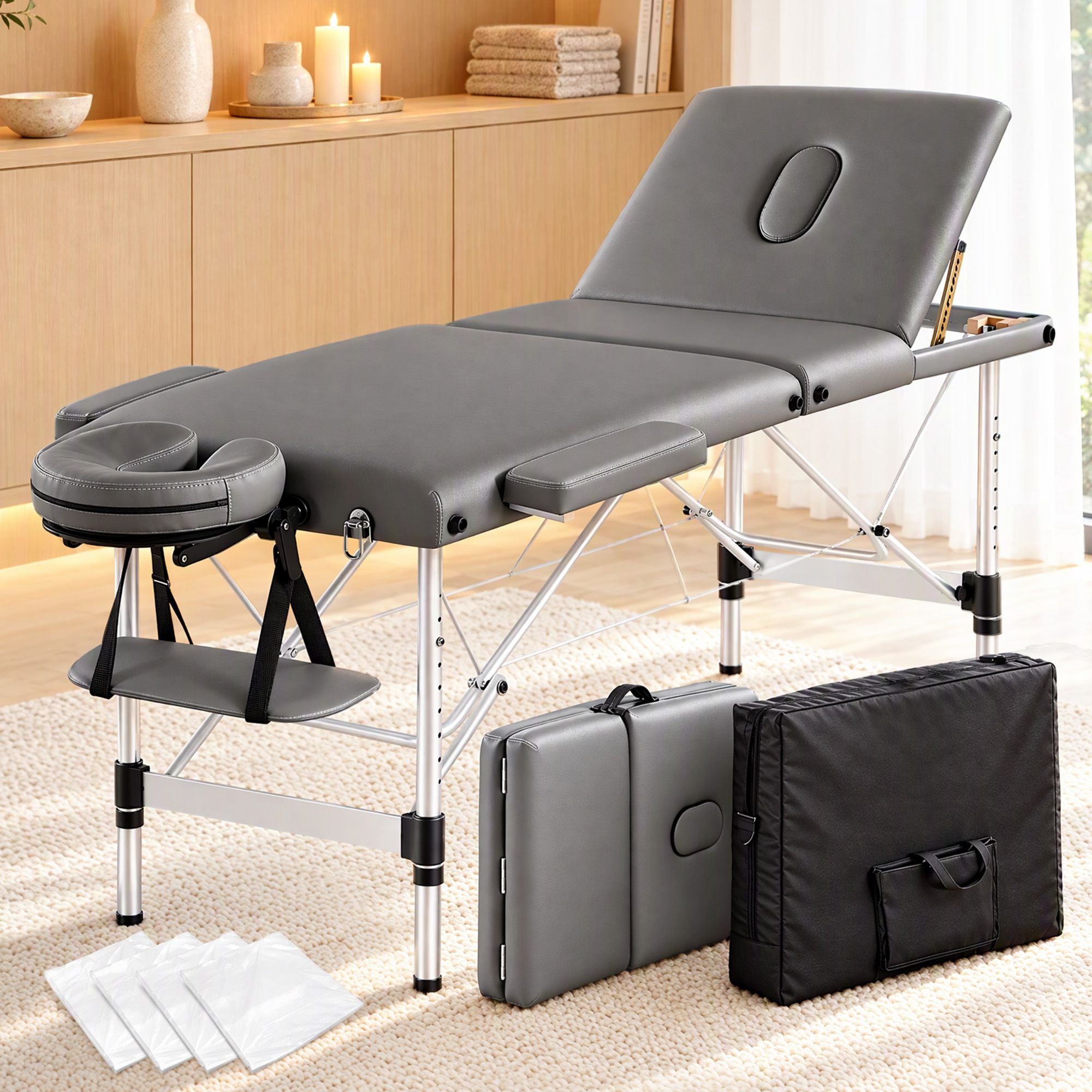 Zenses 3-Fold Portable Massage Table 60cm Adjustable Backrest & Height, Aluminium Beauty Bed Grey Bedworld