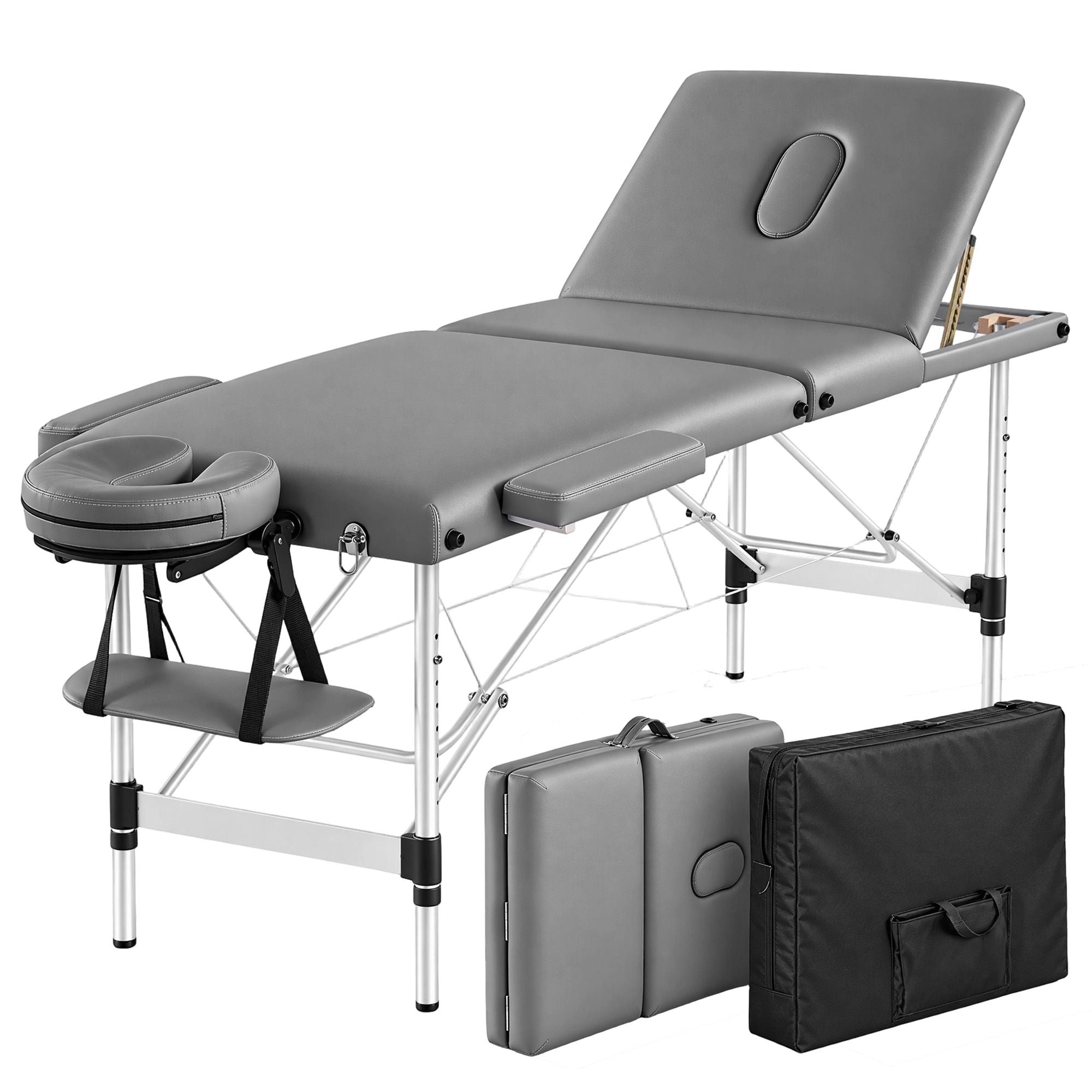 Zenses 3-Fold Portable Massage Table 60cm Adjustable Backrest & Height, Aluminium Beauty Bed Grey Bedworld