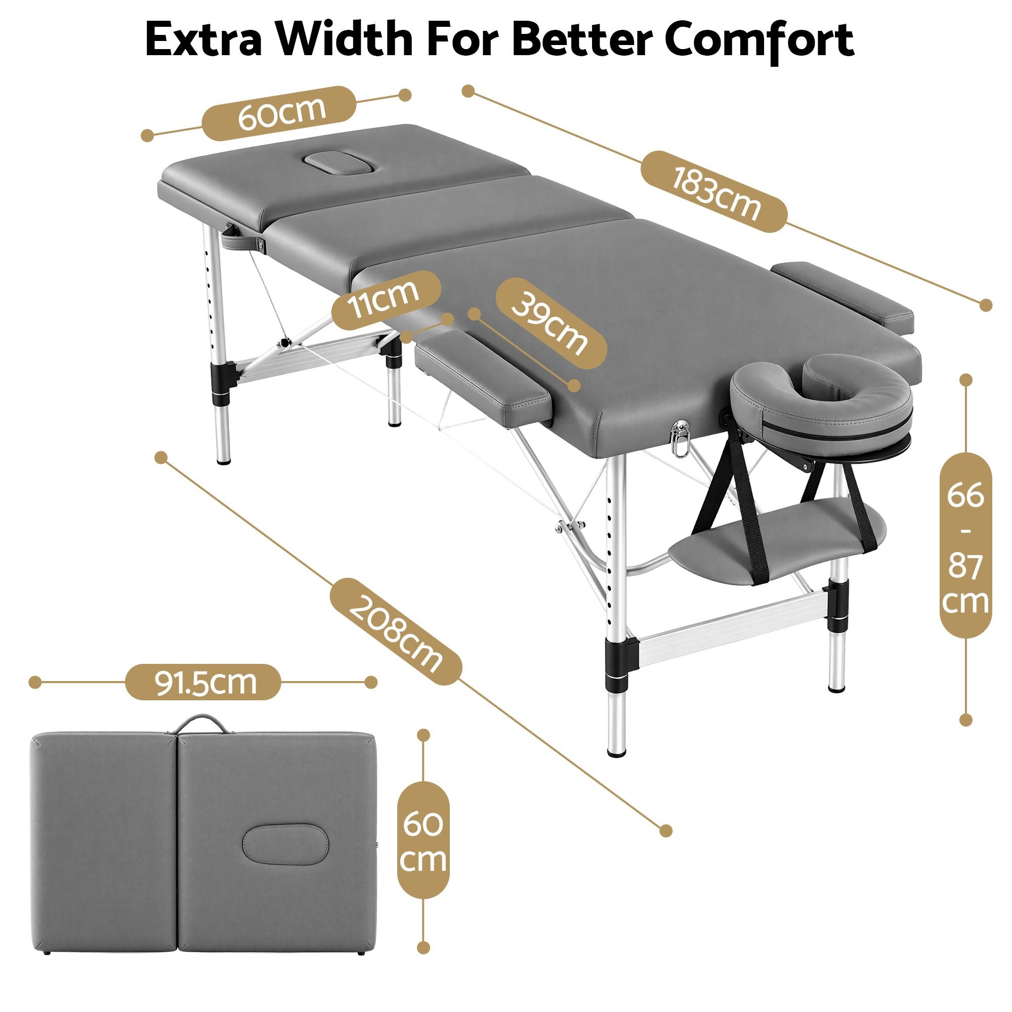 Zenses 3-Fold Portable Massage Table 60cm Adjustable Backrest & Height, Aluminium Beauty Bed Grey Bedworld
