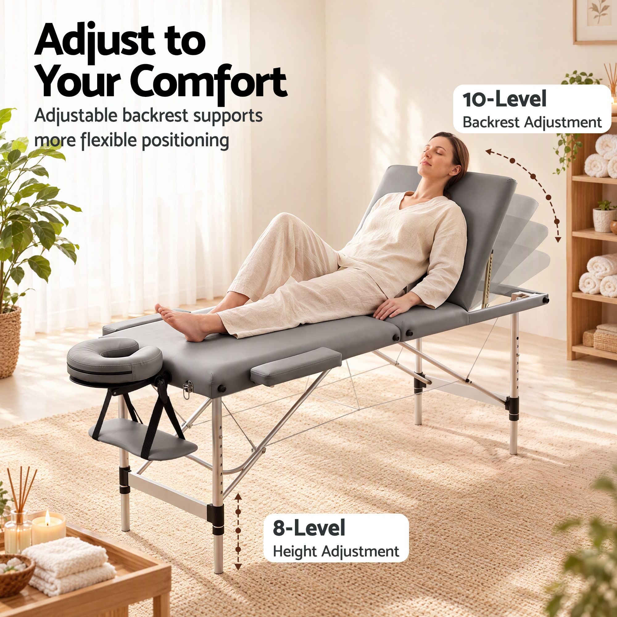 Zenses 3-Fold Portable Massage Table 60cm Adjustable Backrest & Height, Aluminium Beauty Bed Grey Bedworld