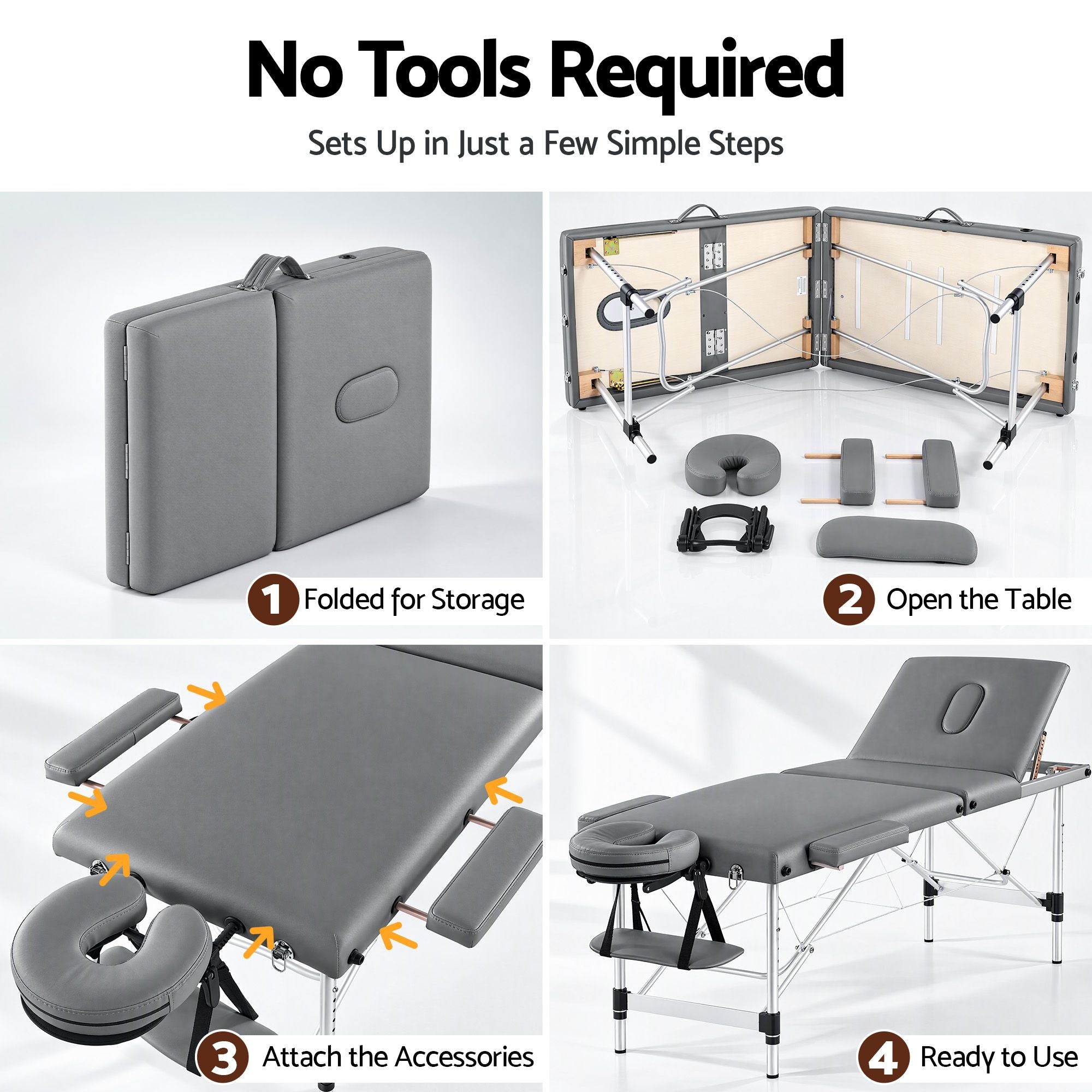 Zenses 3-Fold Portable Massage Table 60cm Adjustable Backrest & Height, Aluminium Beauty Bed Grey Bedworld