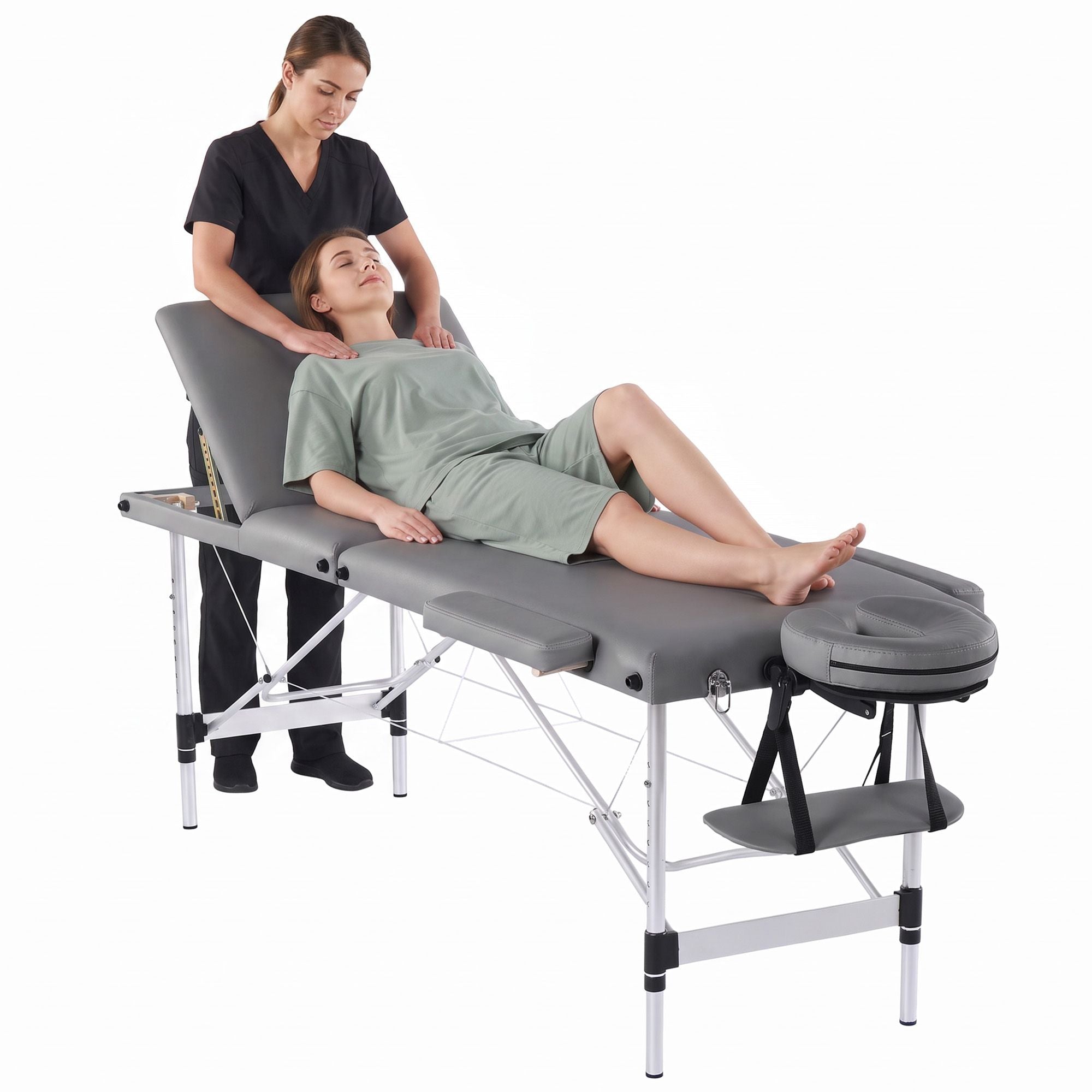 Zenses 3-Fold Portable Massage Table 60cm Adjustable Backrest & Height, Aluminium Beauty Bed Grey Bedworld