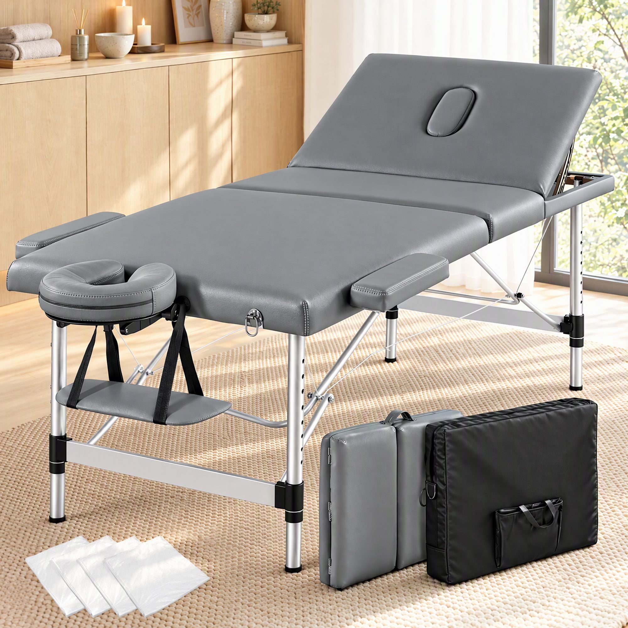 Zenses 3-Fold Portable Massage Table 80cm Adjustable Backrest & Height, Aluminium Beauty Bed Grey Bedworld