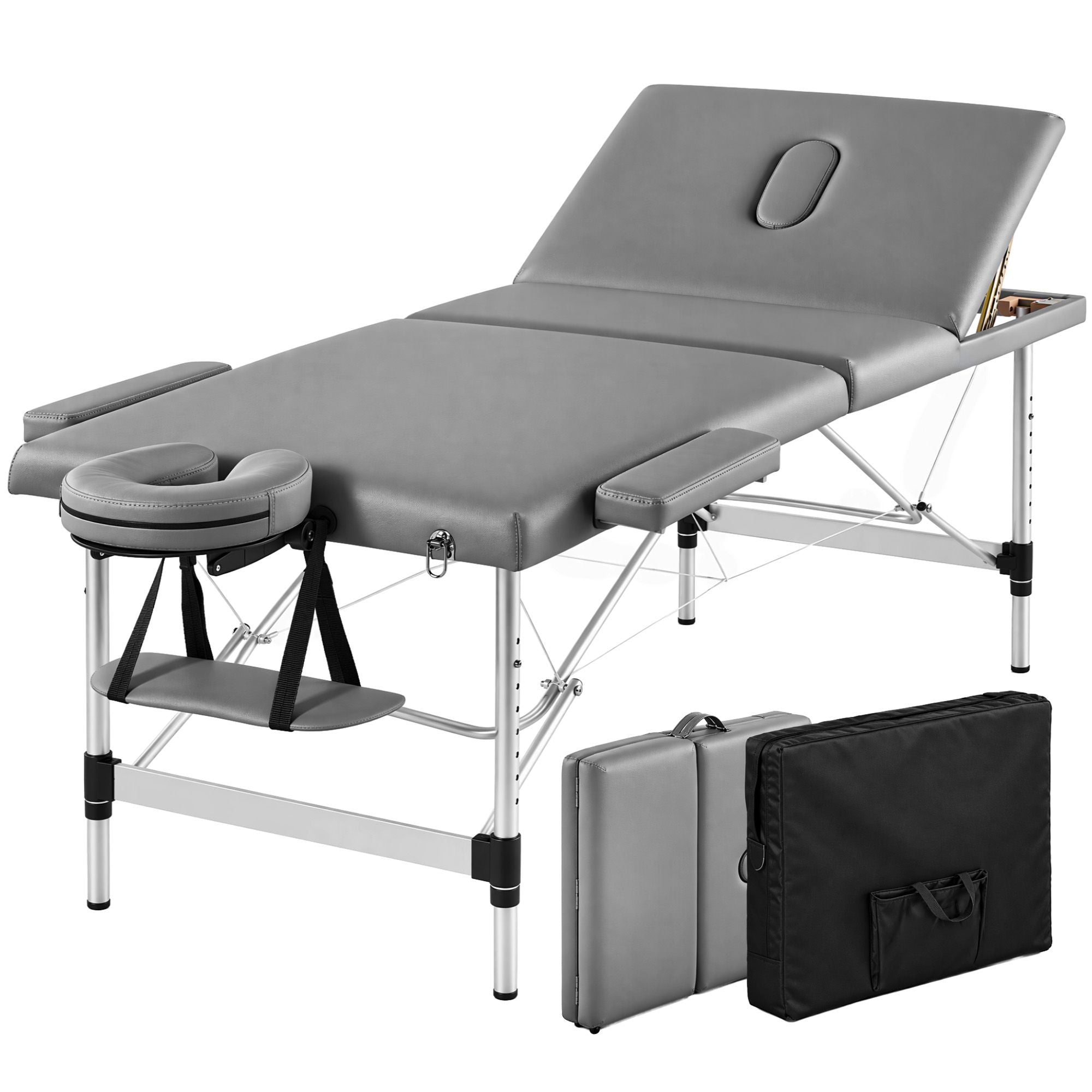 Zenses 3-Fold Portable Massage Table 80cm Adjustable Backrest & Height, Aluminium Beauty Bed Grey Bedworld