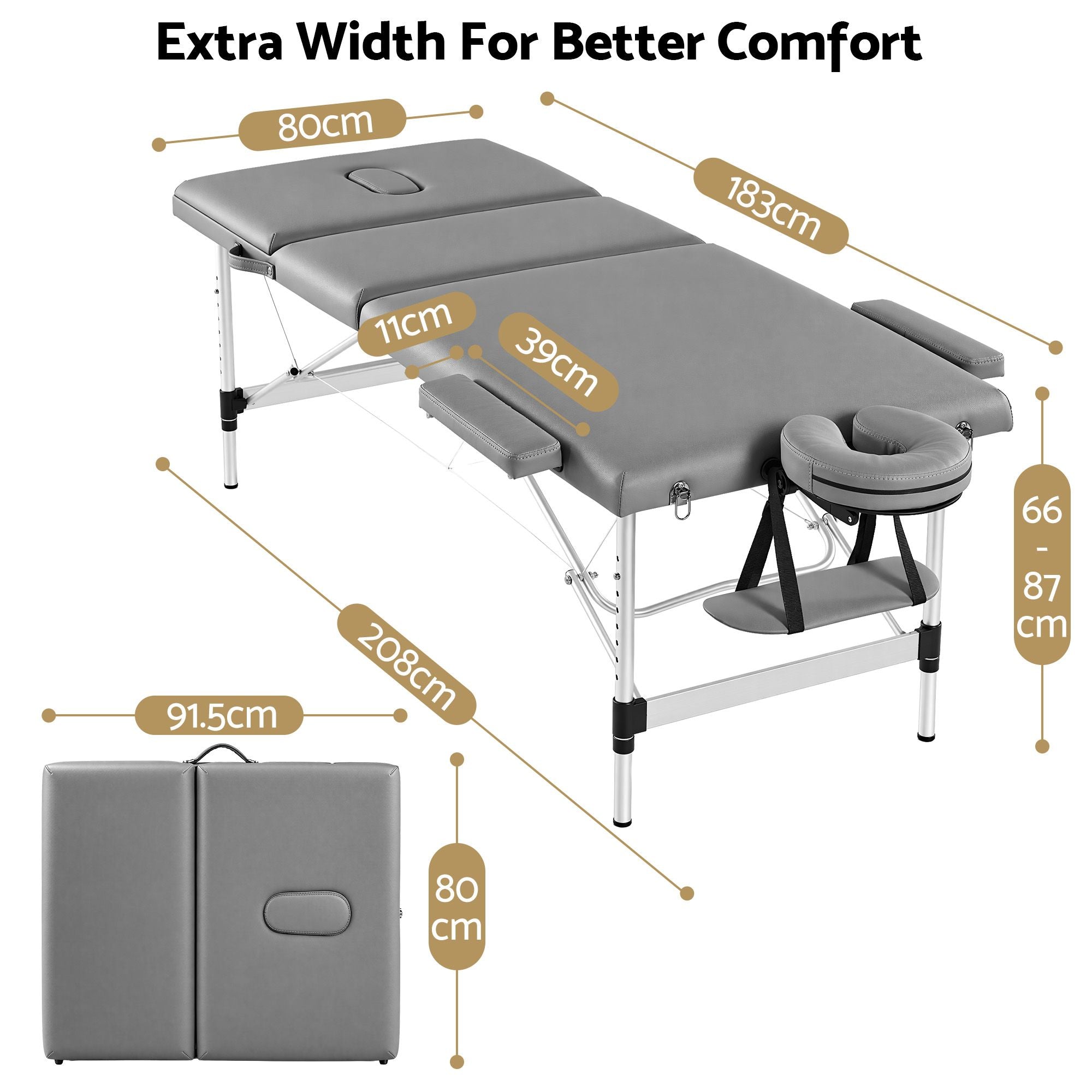 Zenses 3-Fold Portable Massage Table 80cm Adjustable Backrest & Height, Aluminium Beauty Bed Grey Bedworld