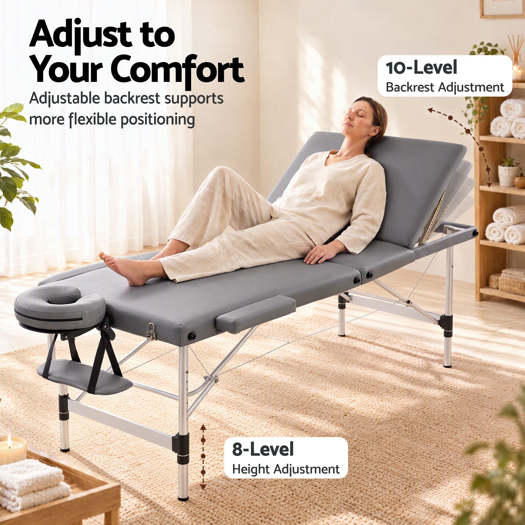 Zenses 3-Fold Portable Massage Table 80cm Adjustable Backrest & Height, Aluminium Beauty Bed Grey Bedworld