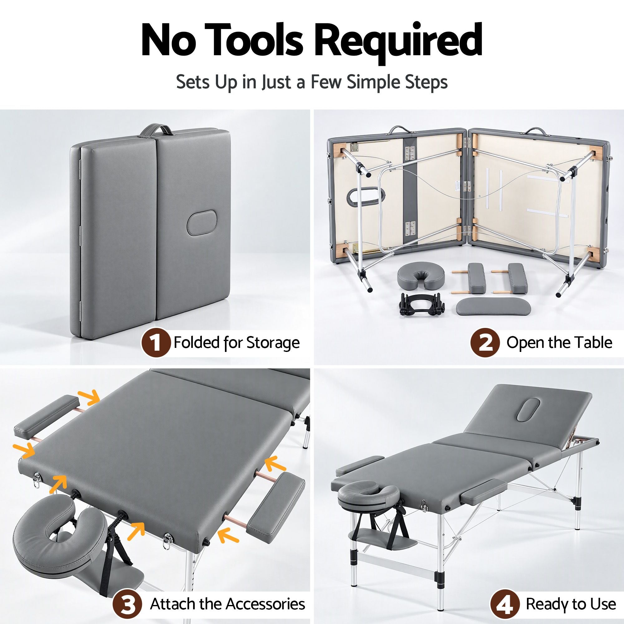 Zenses 3-Fold Portable Massage Table 80cm Adjustable Backrest & Height, Aluminium Beauty Bed Grey Bedworld