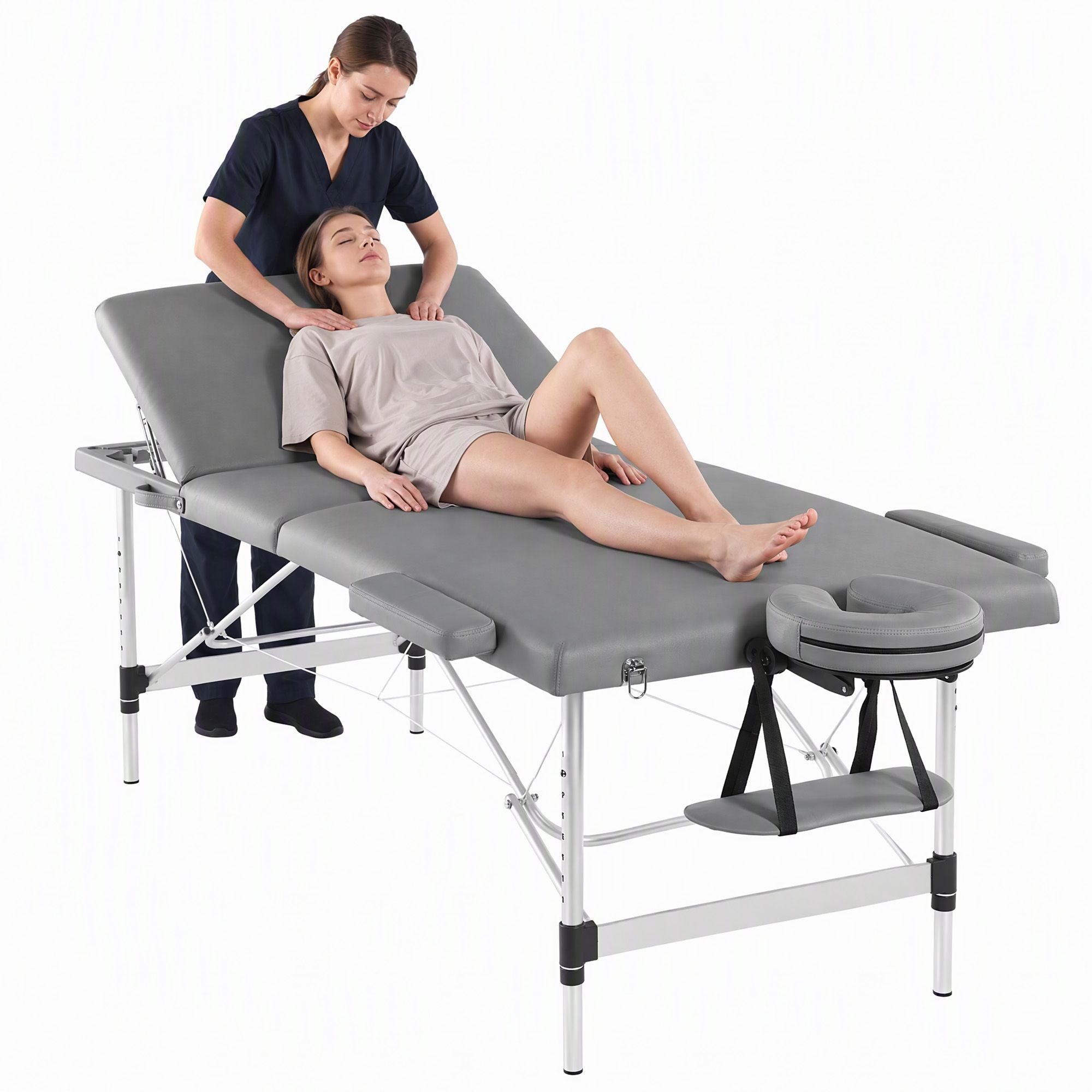 Zenses 3-Fold Portable Massage Table 80cm Adjustable Backrest & Height, Aluminium Beauty Bed Grey Bedworld