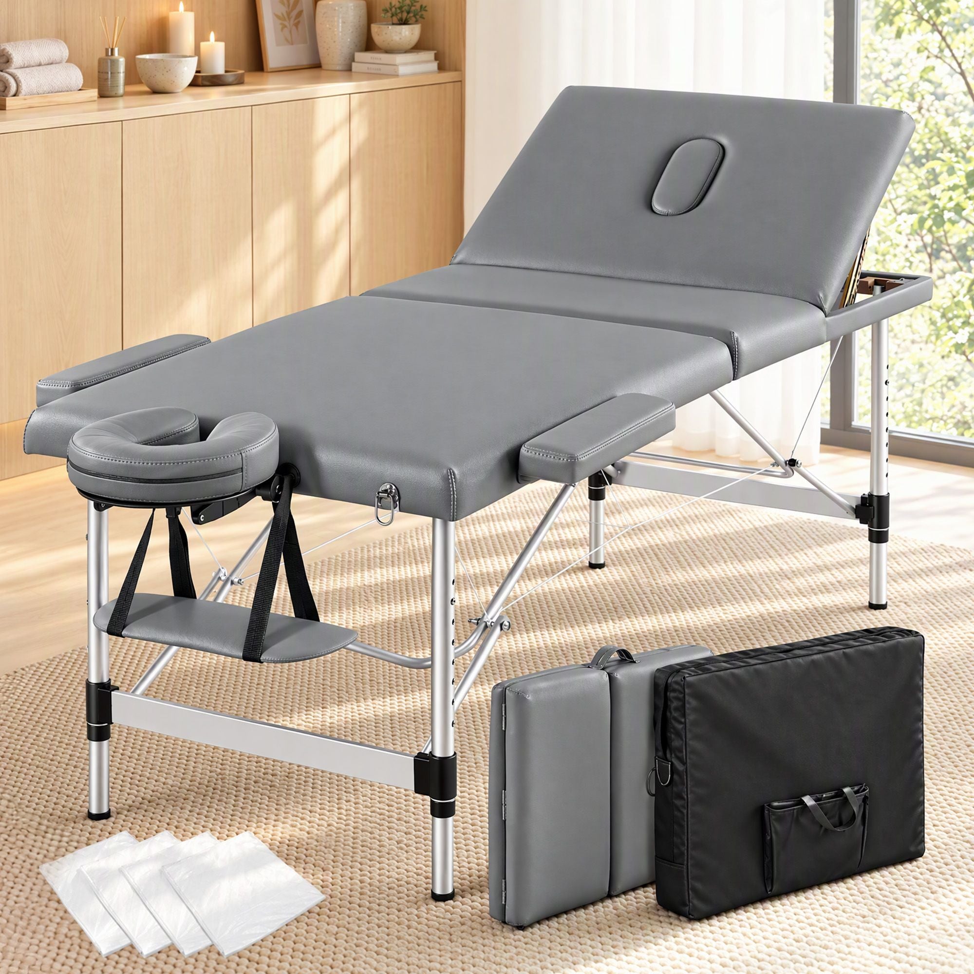 Zenses 3-Fold Portable Massage Table 75cm Adjustable Backrest & Height, Aluminium Beauty Bed Grey Bedworld