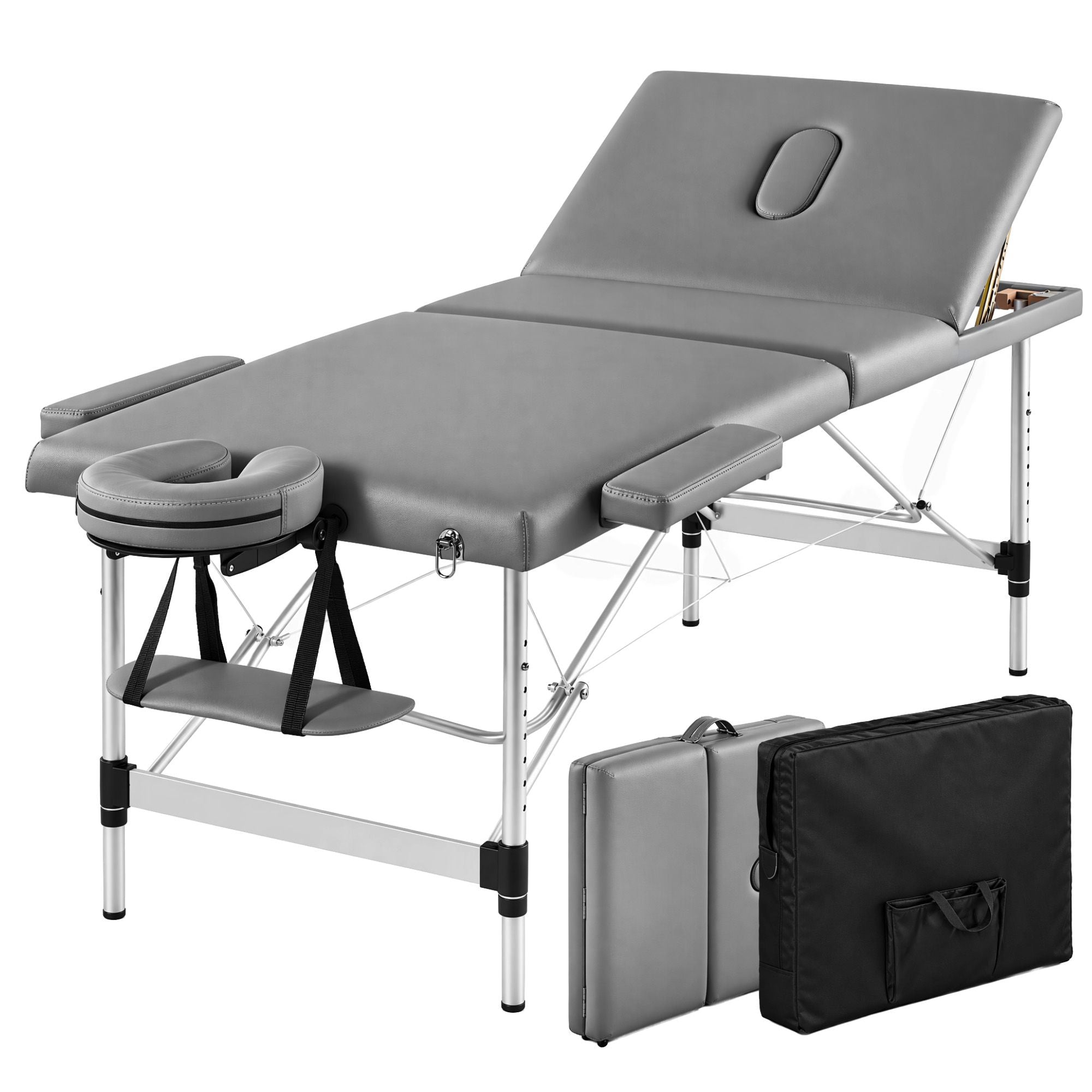 Zenses 3-Fold Portable Massage Table 75cm Adjustable Backrest & Height, Aluminium Beauty Bed Grey Bedworld