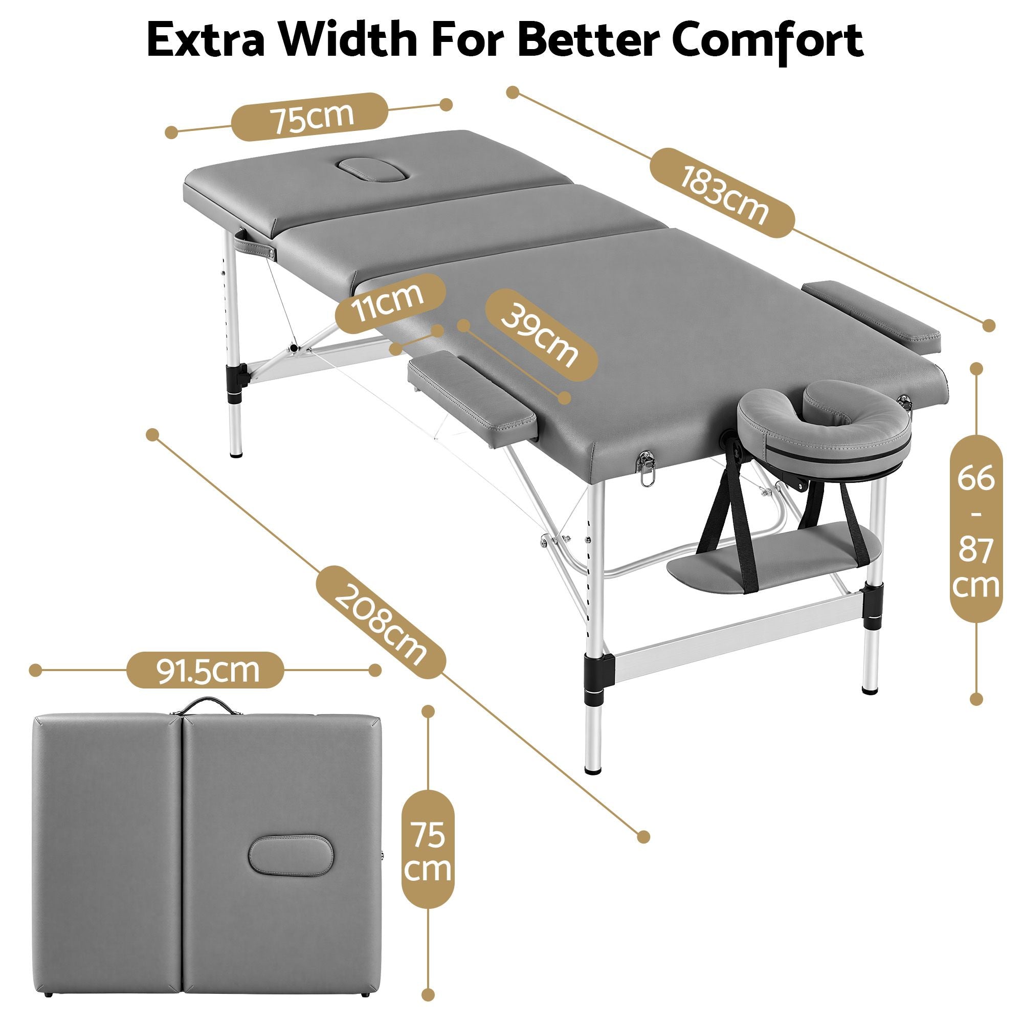 Zenses 3-Fold Portable Massage Table 75cm Adjustable Backrest & Height, Aluminium Beauty Bed Grey Bedworld