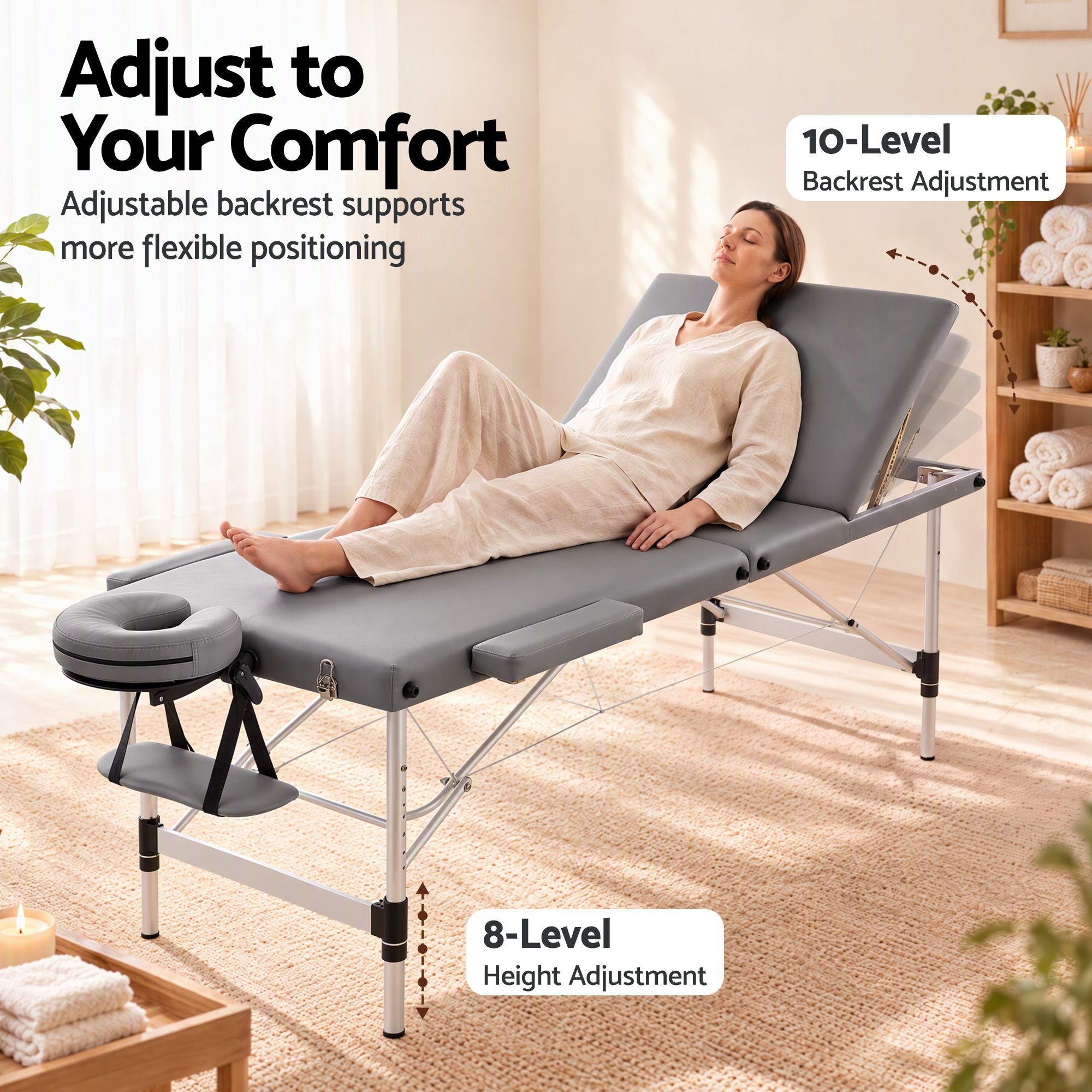 Zenses 3-Fold Portable Massage Table 75cm Adjustable Backrest & Height, Aluminium Beauty Bed Grey Bedworld