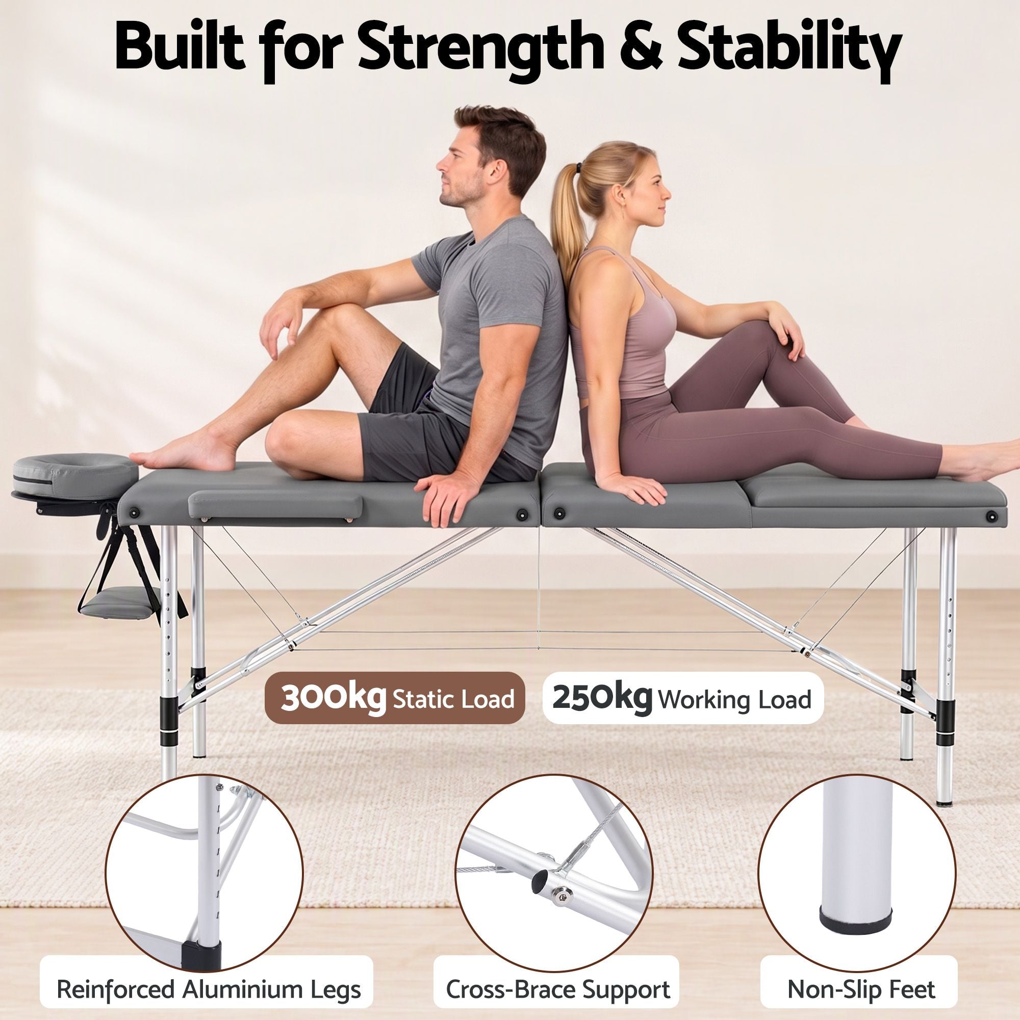 Zenses 3-Fold Portable Massage Table 75cm Adjustable Backrest & Height, Aluminium Beauty Bed Grey Bedworld