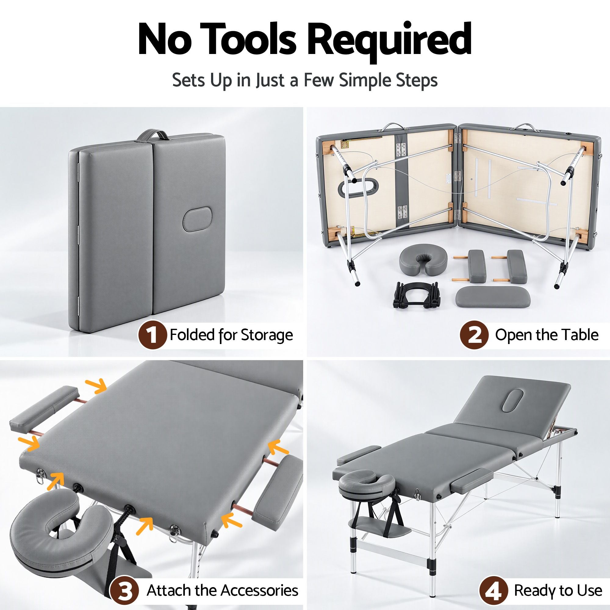 Zenses 3-Fold Portable Massage Table 75cm Adjustable Backrest & Height, Aluminium Beauty Bed Grey Bedworld