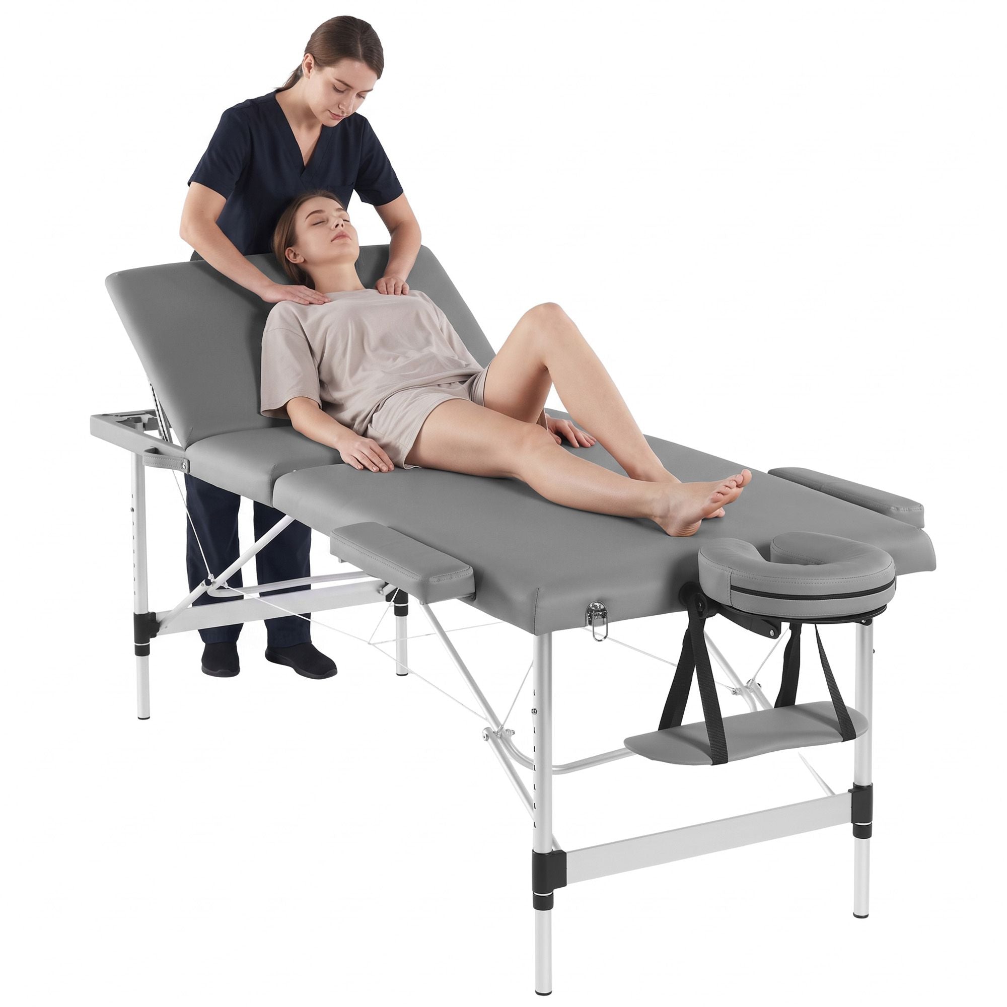 Zenses 3-Fold Portable Massage Table 75cm Adjustable Backrest & Height, Aluminium Beauty Bed Grey Bedworld