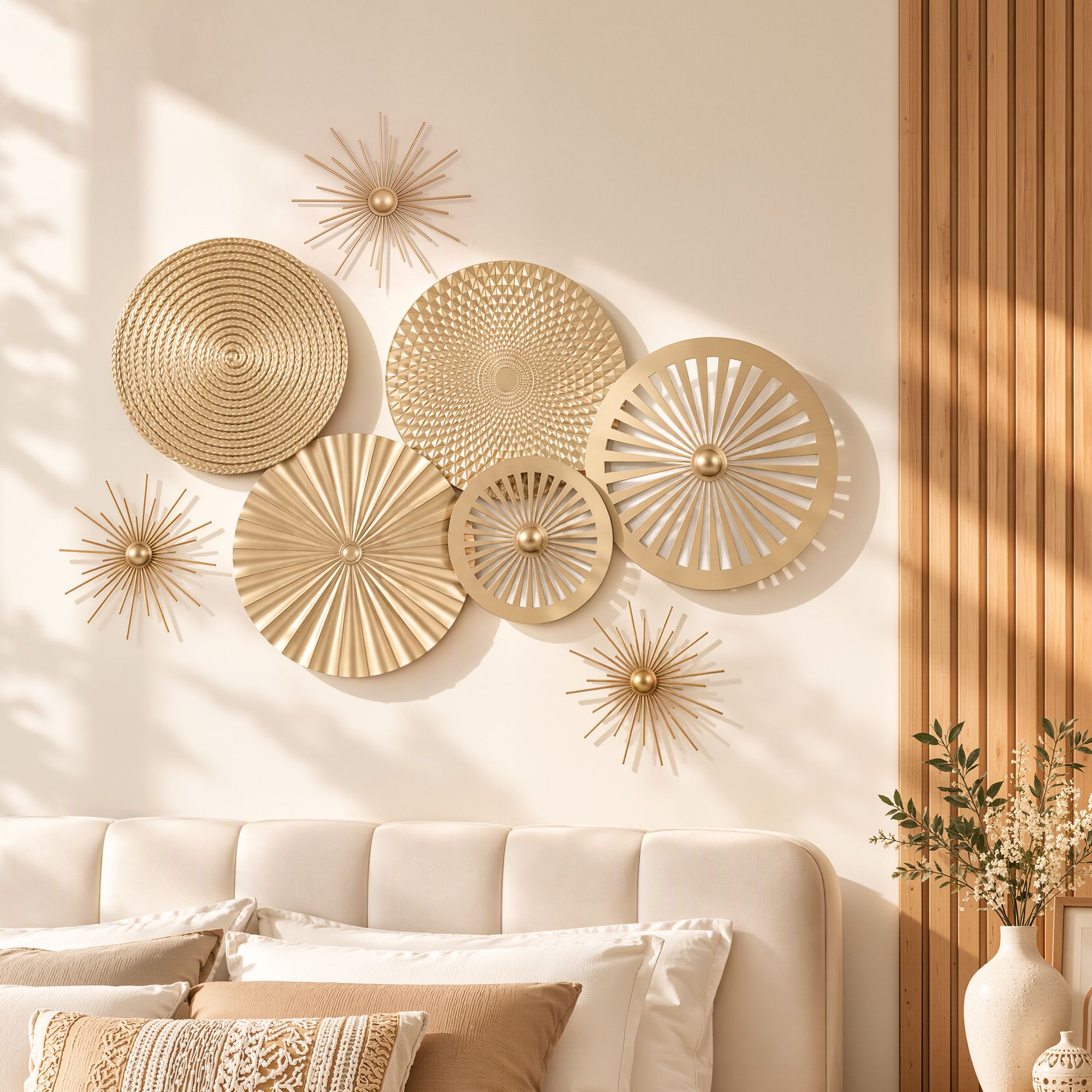 Artiss 8 Pieces Gold Metal Wall Decor Set 3D Starburst Round Disc Sculptures Flexible DIY Layout Bedworld