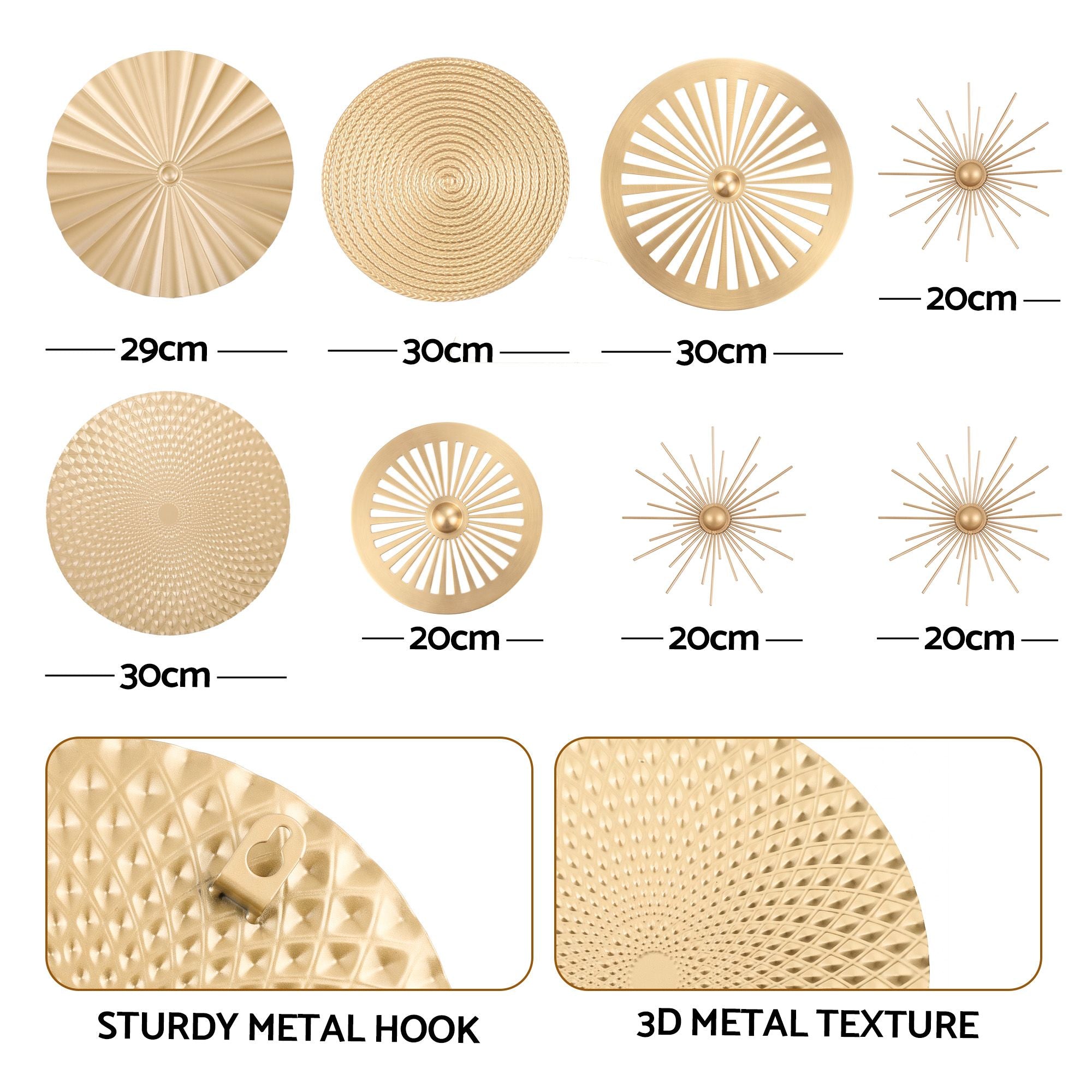 Artiss 8 Pieces Gold Metal Wall Decor Set 3D Starburst Round Disc Sculptures Flexible DIY Layout Bedworld