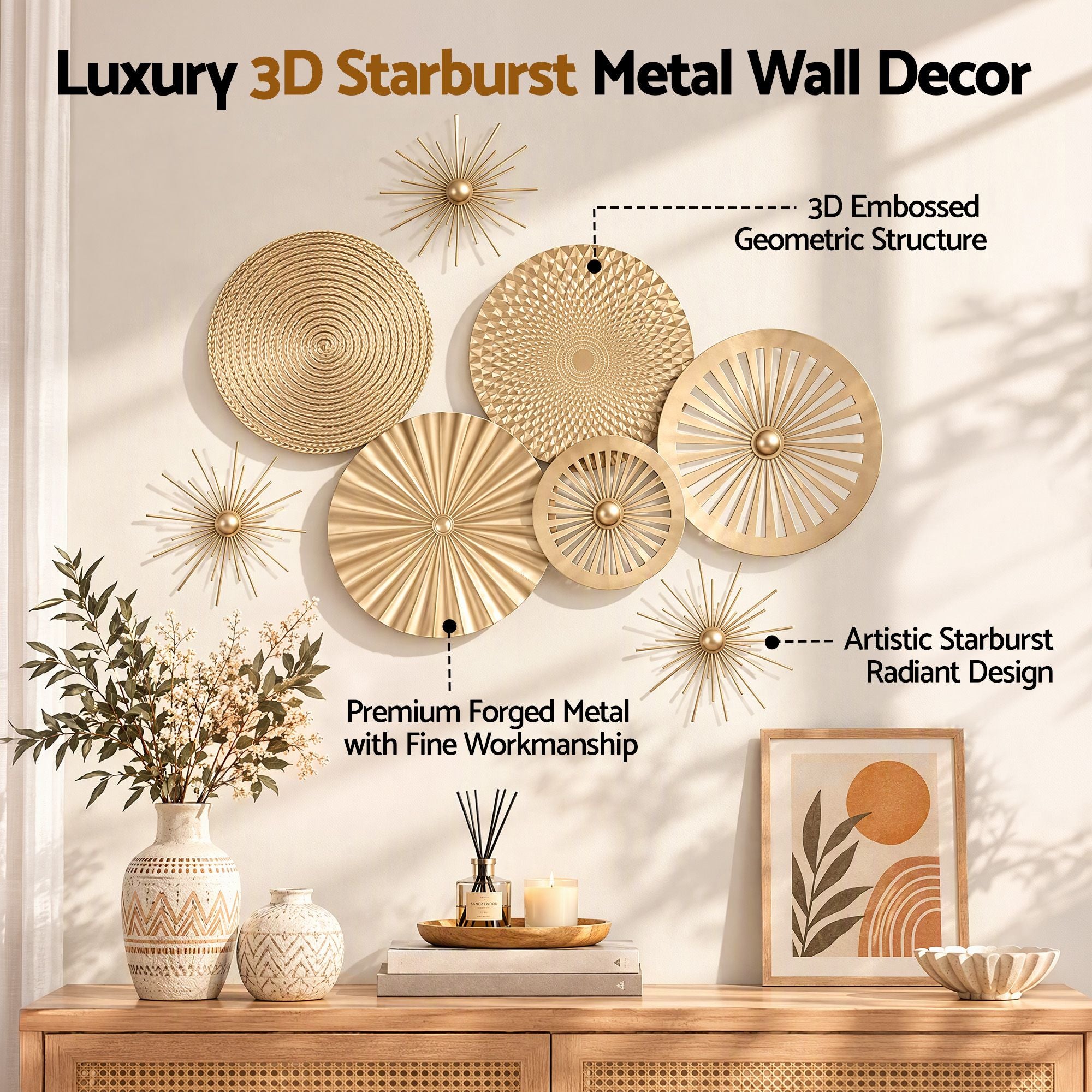 Artiss 8 Pieces Gold Metal Wall Decor Set 3D Starburst Round Disc Sculptures Flexible DIY Layout Bedworld