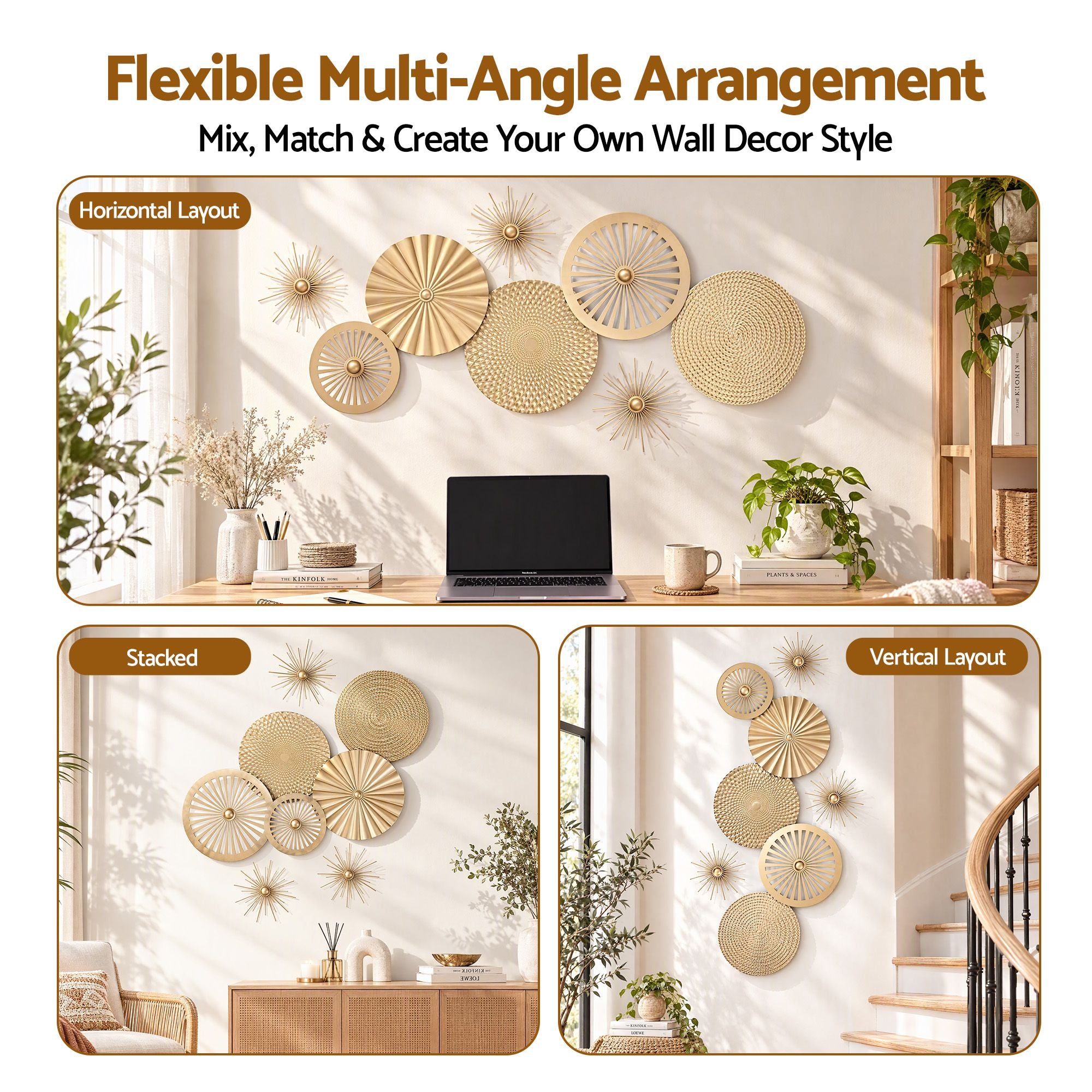 Artiss 8 Pieces Gold Metal Wall Decor Set 3D Starburst Round Disc Sculptures Flexible DIY Layout Bedworld