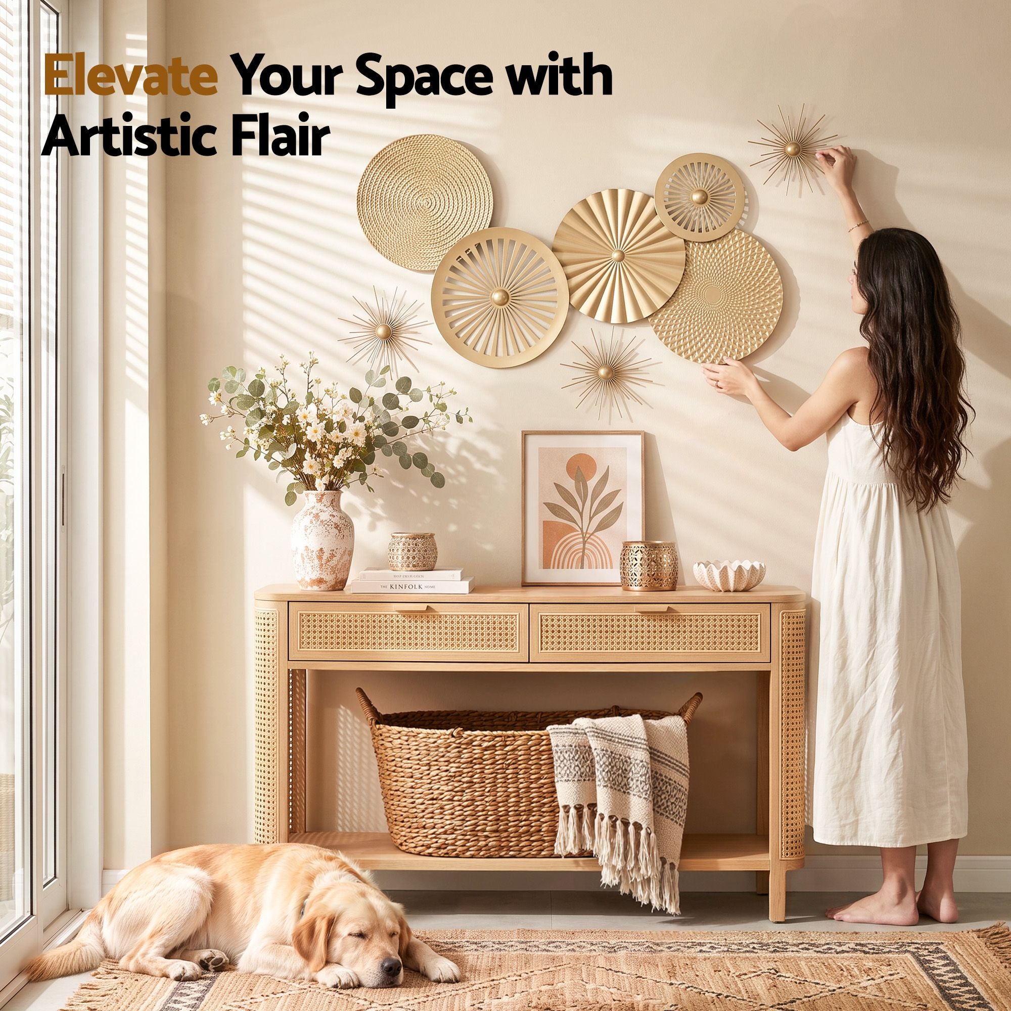 Artiss 8 Pieces Gold Metal Wall Decor Set 3D Starburst Round Disc Sculptures Flexible DIY Layout Bedworld