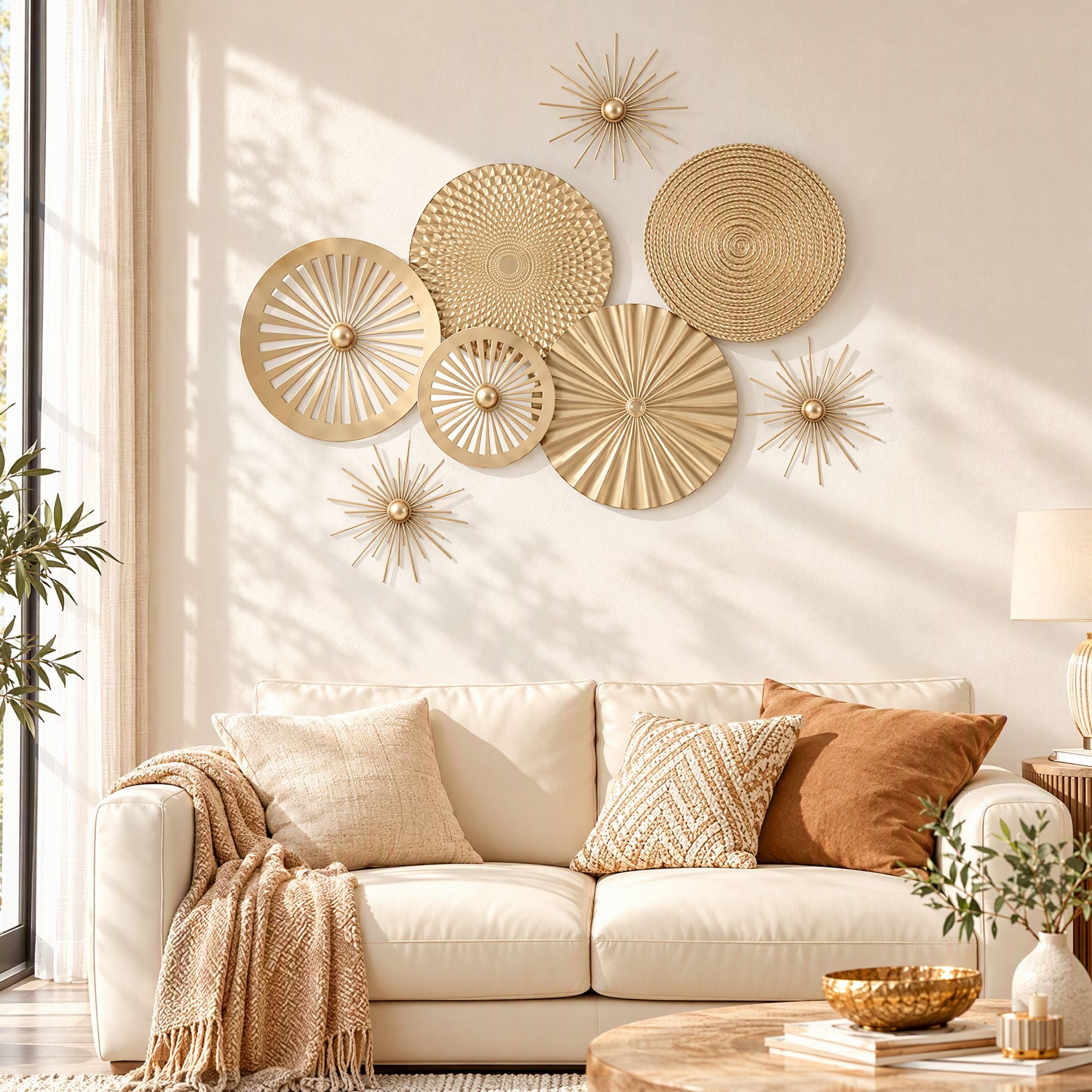 Artiss 8 Pieces Gold Metal Wall Decor Set 3D Starburst Round Disc Sculptures Flexible DIY Layout Bedworld