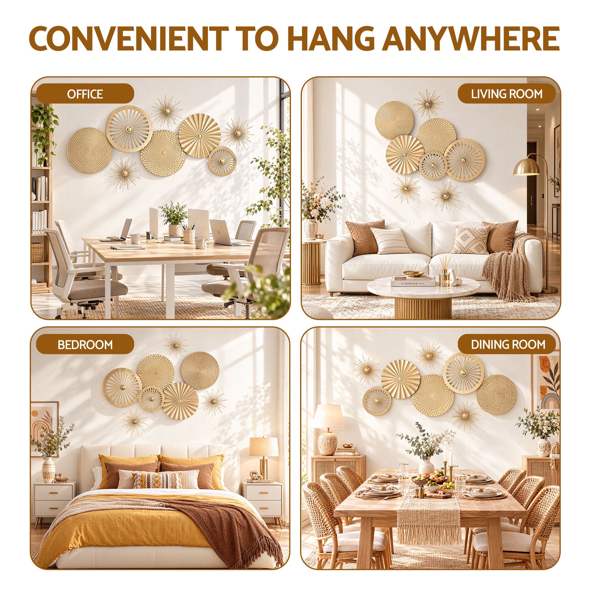 Artiss 8 Pieces Gold Metal Wall Decor Set 3D Starburst Round Disc Sculptures Flexible DIY Layout Bedworld