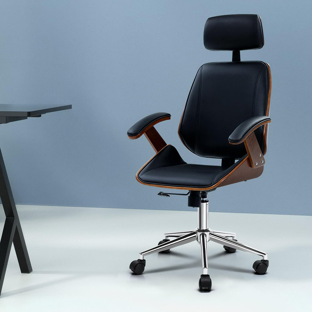 Artiss Wooden Office Chair - Black Leather Seat