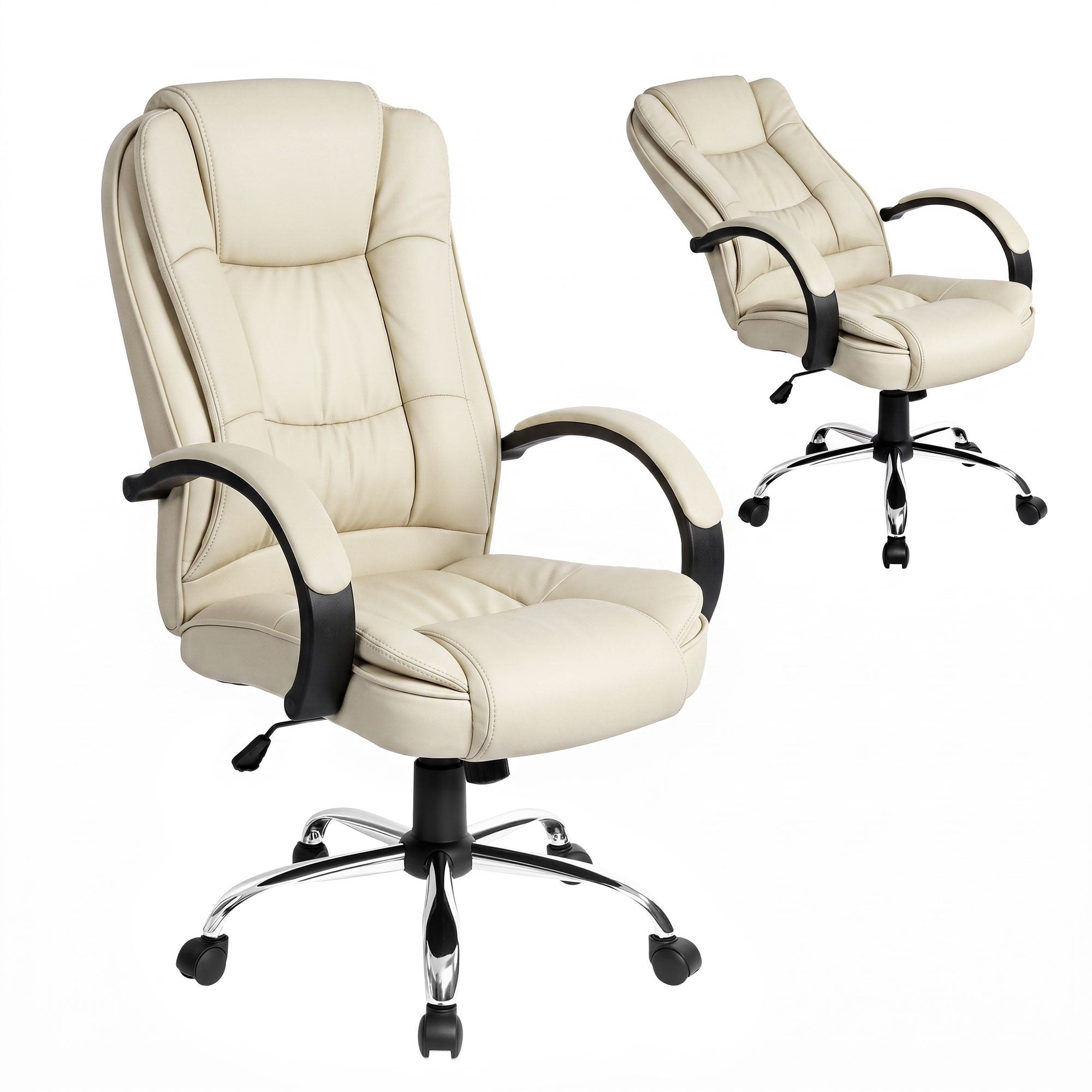 Beige executive office chair, leather look, curved armrests, rolling casters