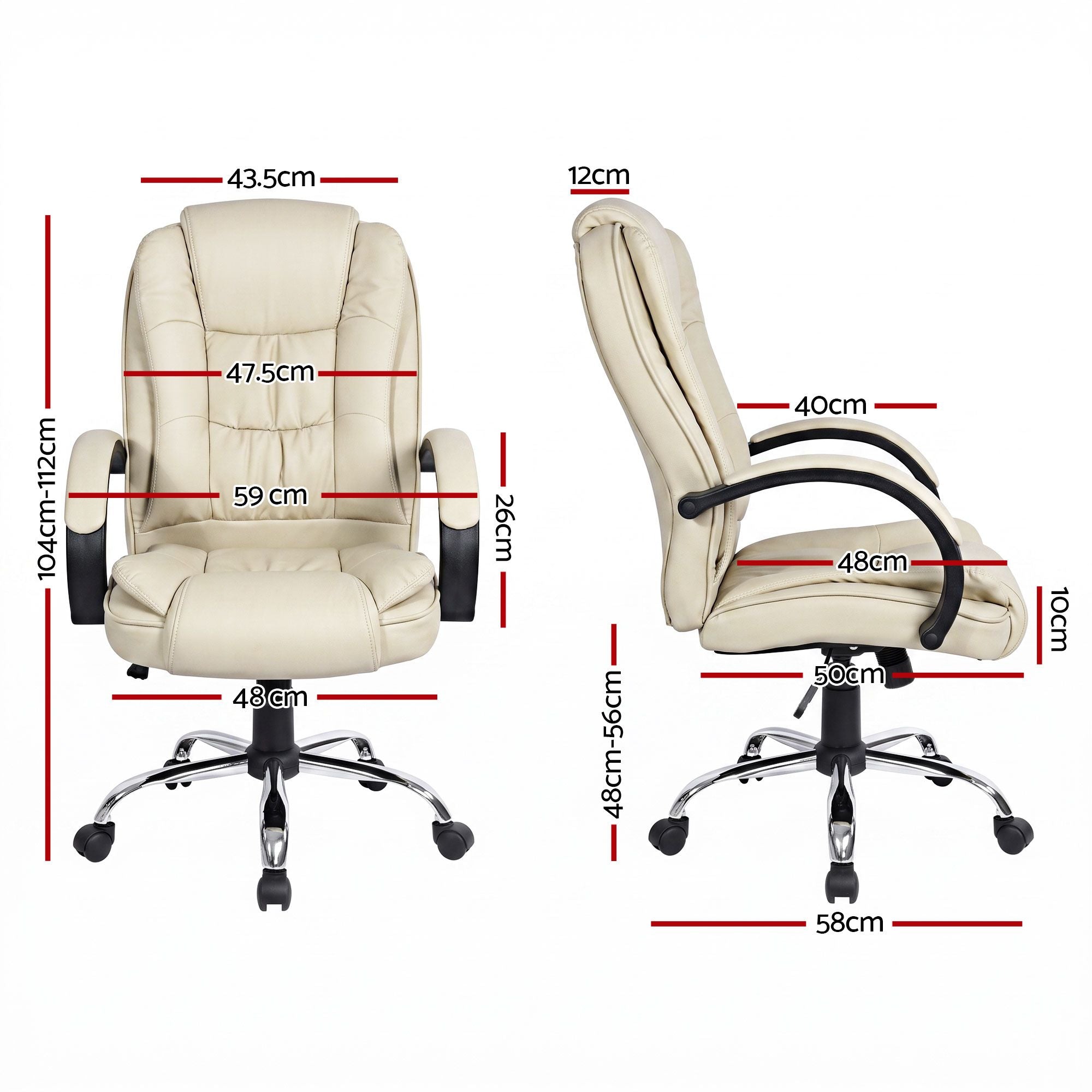 Beige executive office chair with tilting back, padded seat, rolling casters