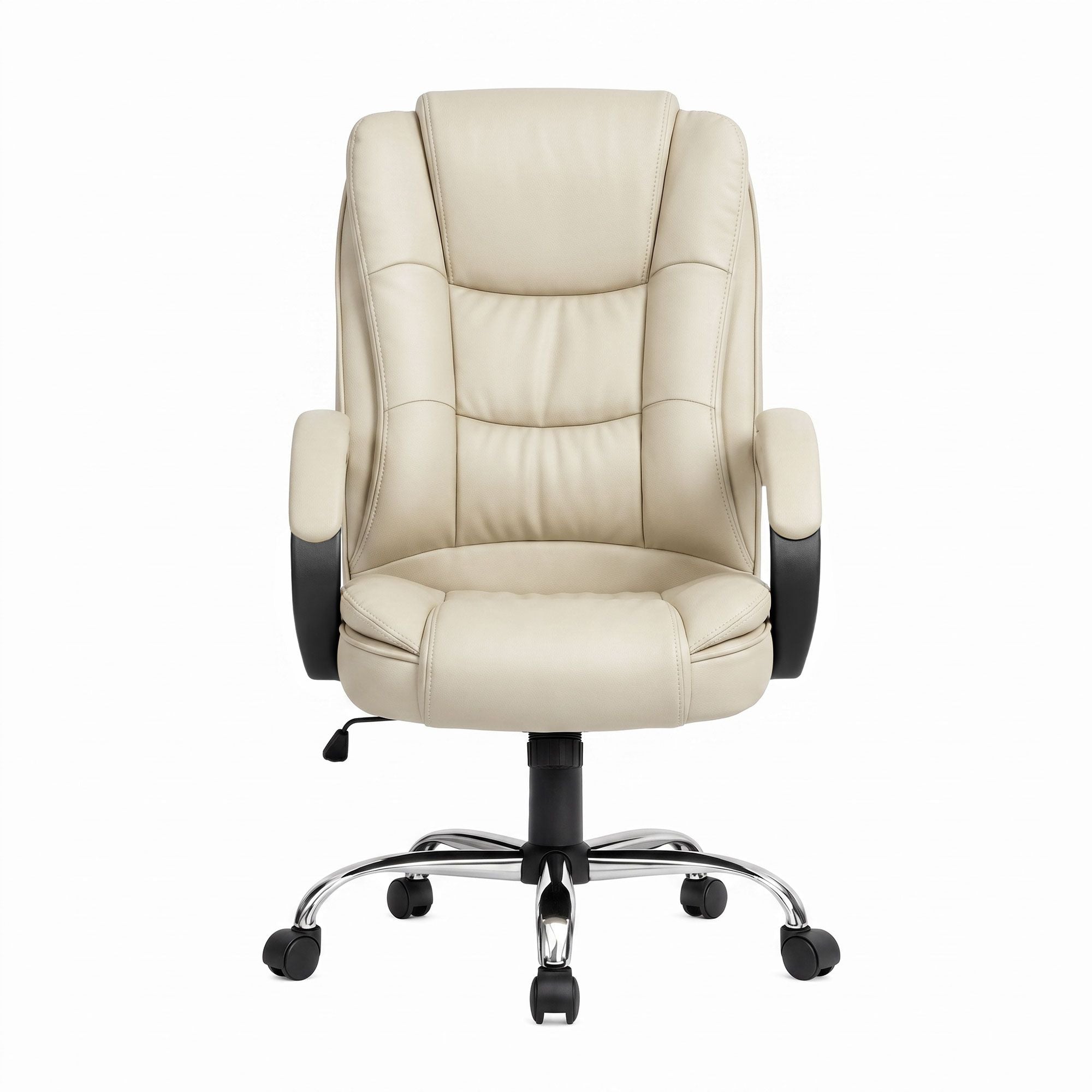 Beige executive office chair front view with padded seat, headrest, chrome caster base