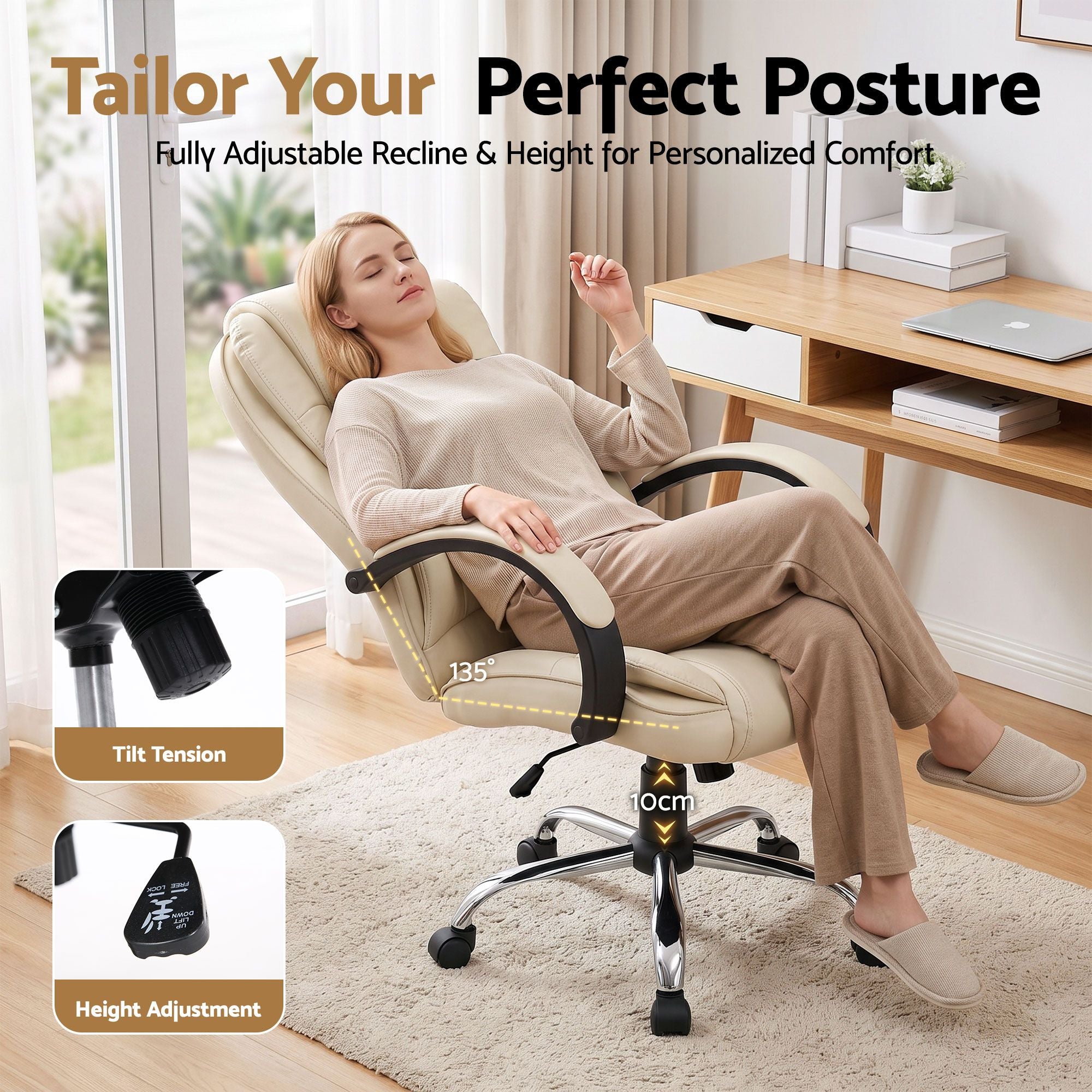 Beige leather-look office chair reclined with tilt support and five-caster base