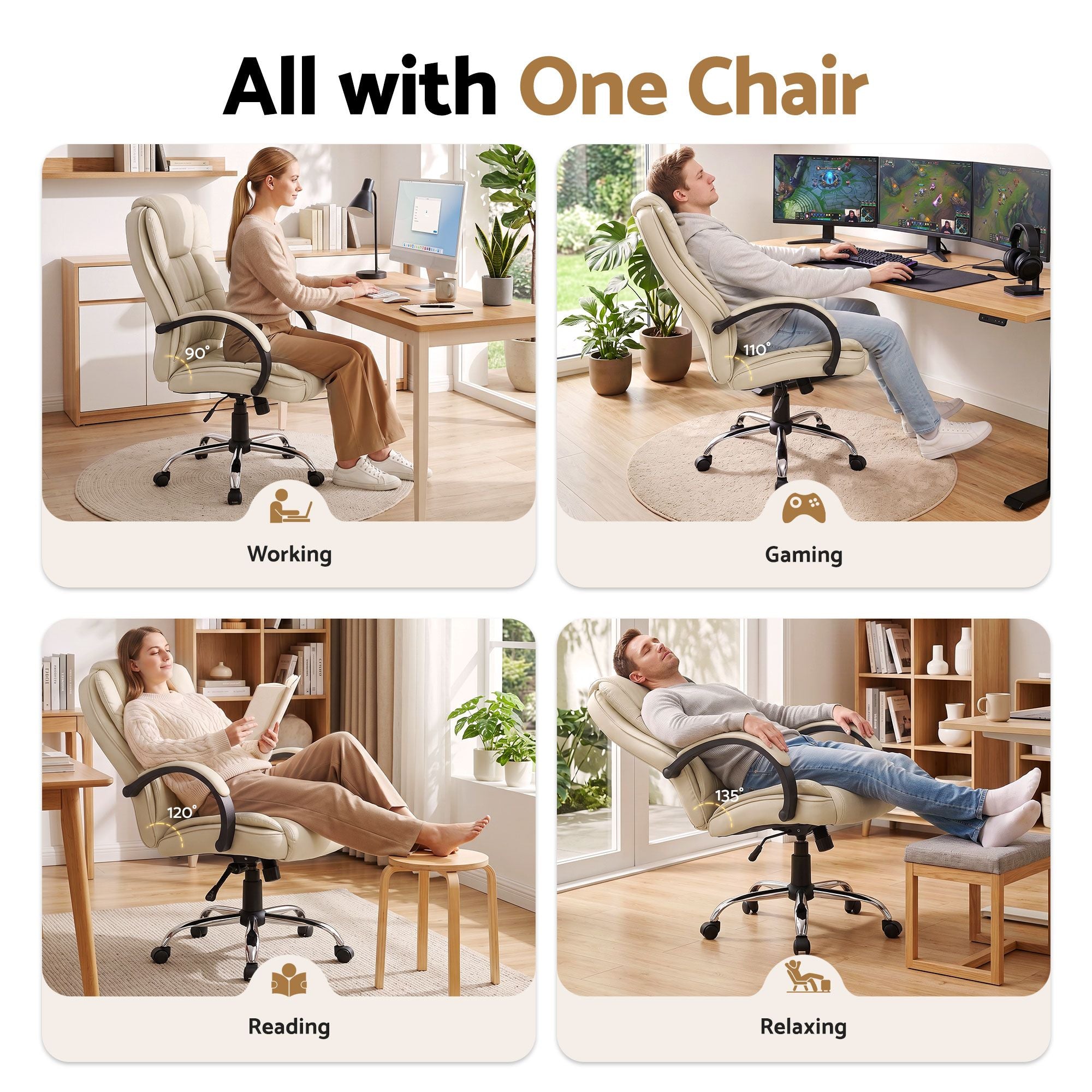 Beige executive office chair with recline tilt and rolling casters shown in scenes