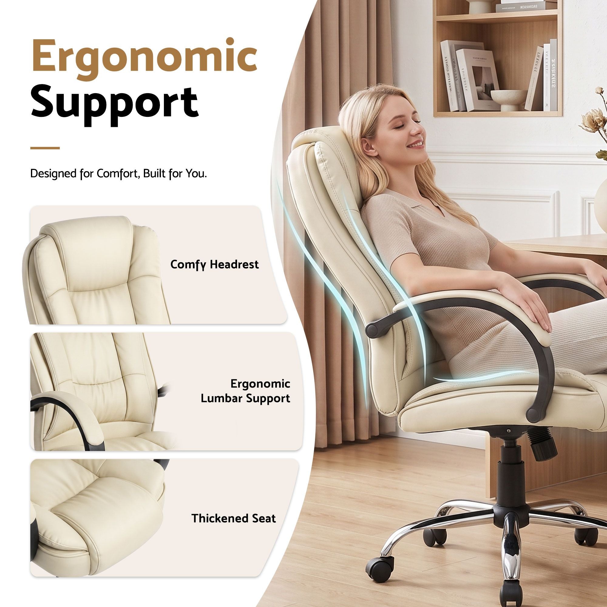 Beige ergonomic office chair with cushioned headrest and thickened seat