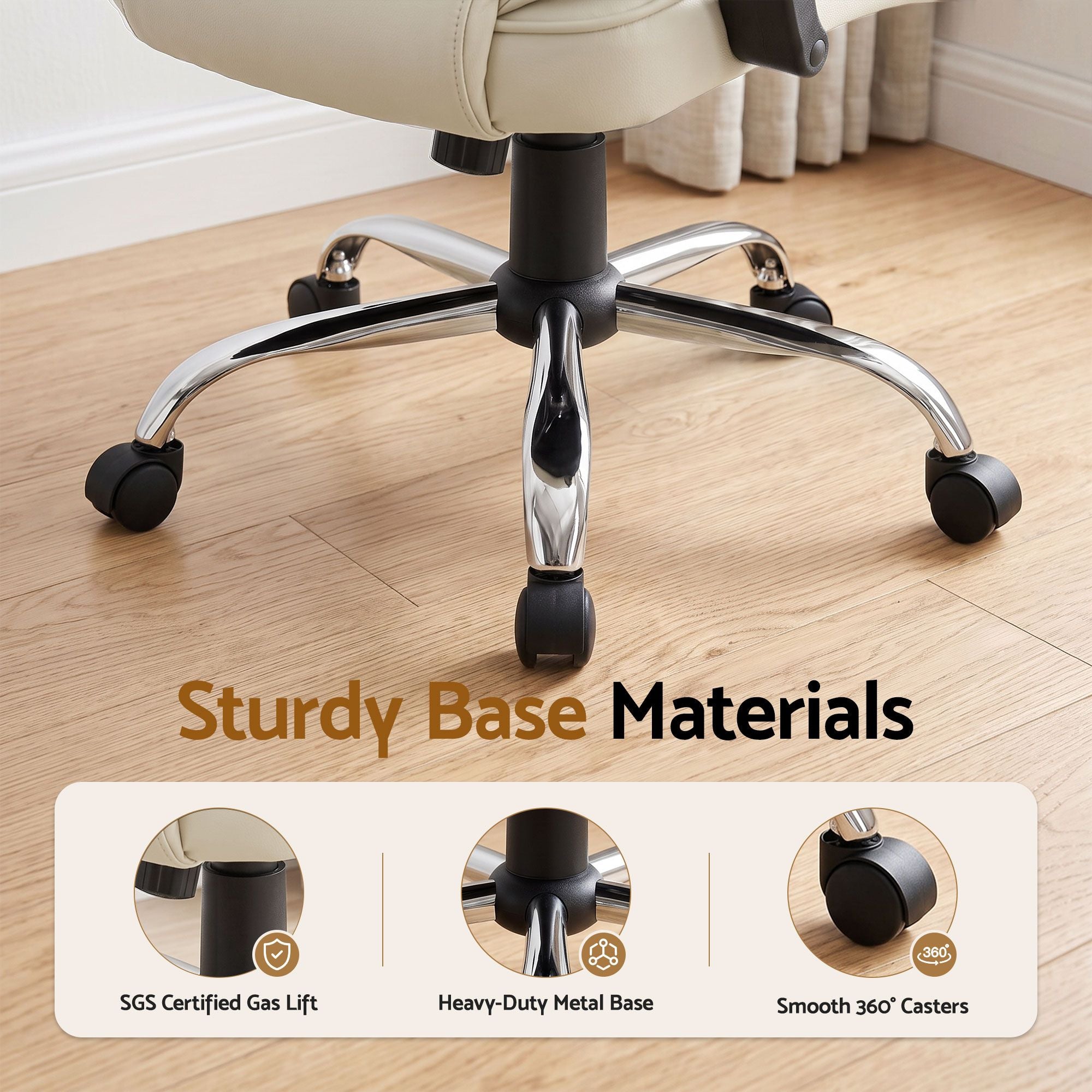 Chrome five-leg base with black casters on beige leather-look office chair