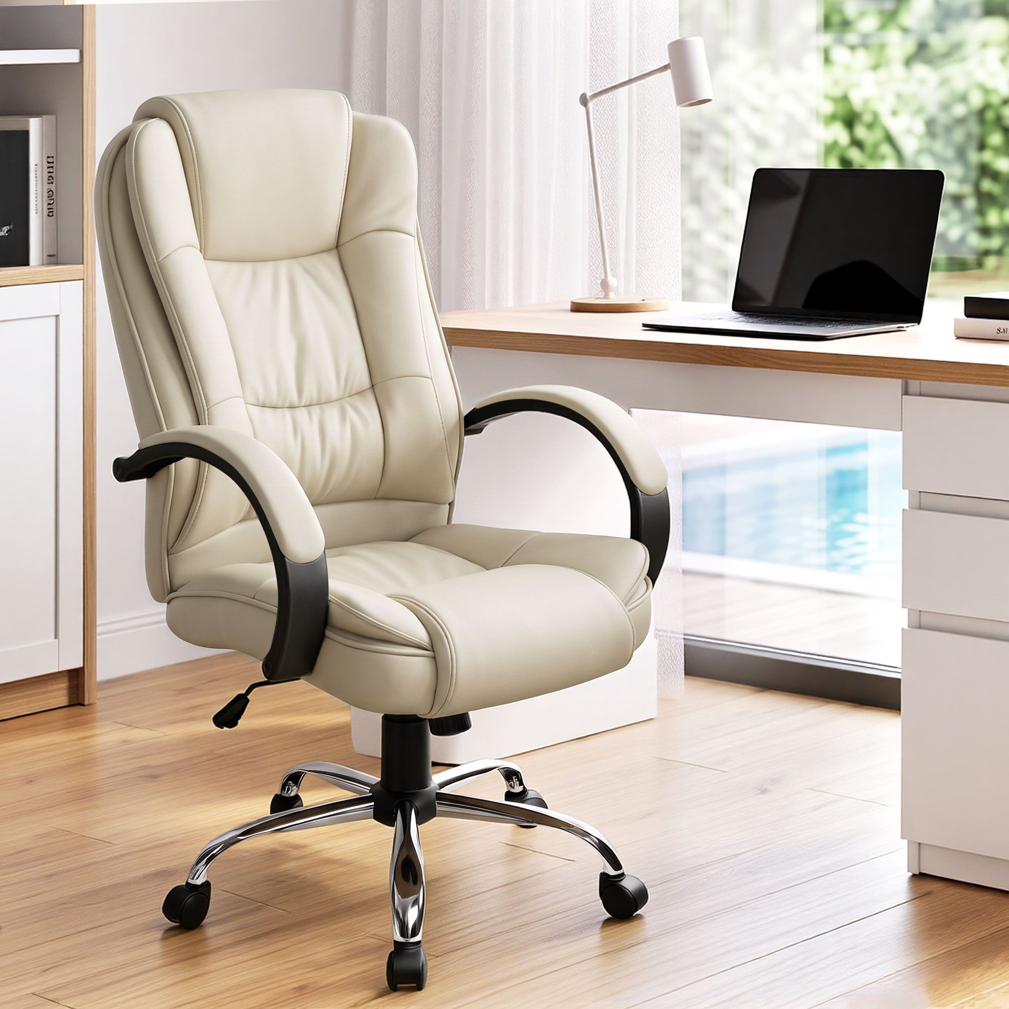 Beige executive office chair with headrest, curved arm supports, caster base