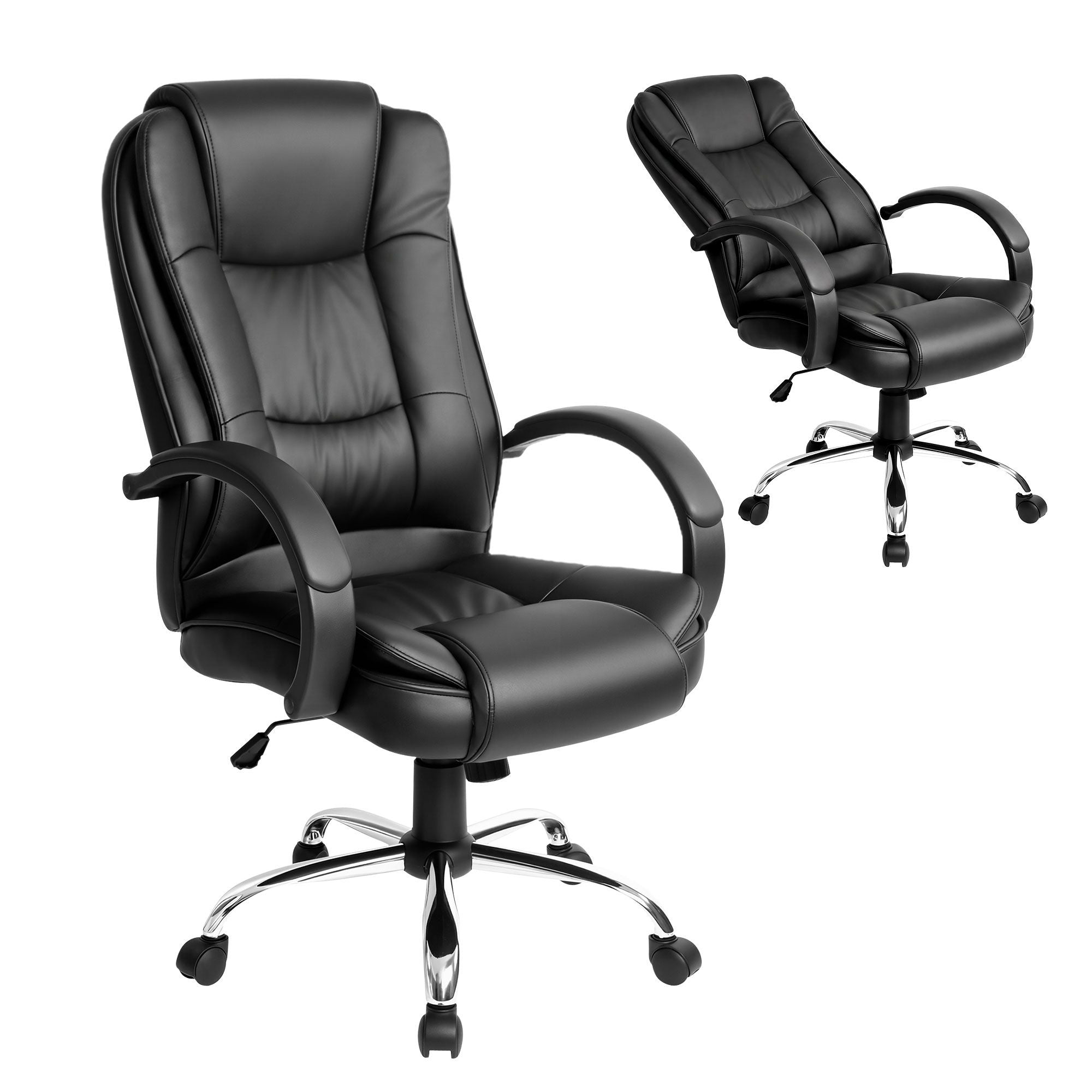 Black leather executive office chair with headrest, tilt recline, and chrome base