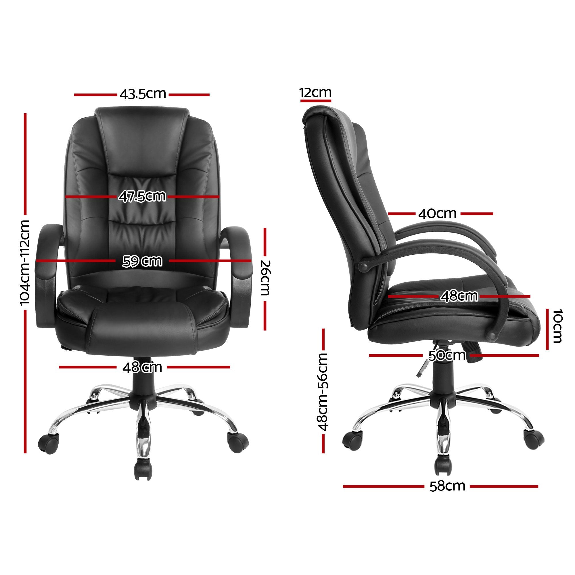 Black leather executive office chair, side view with curved armrests and tilt recline