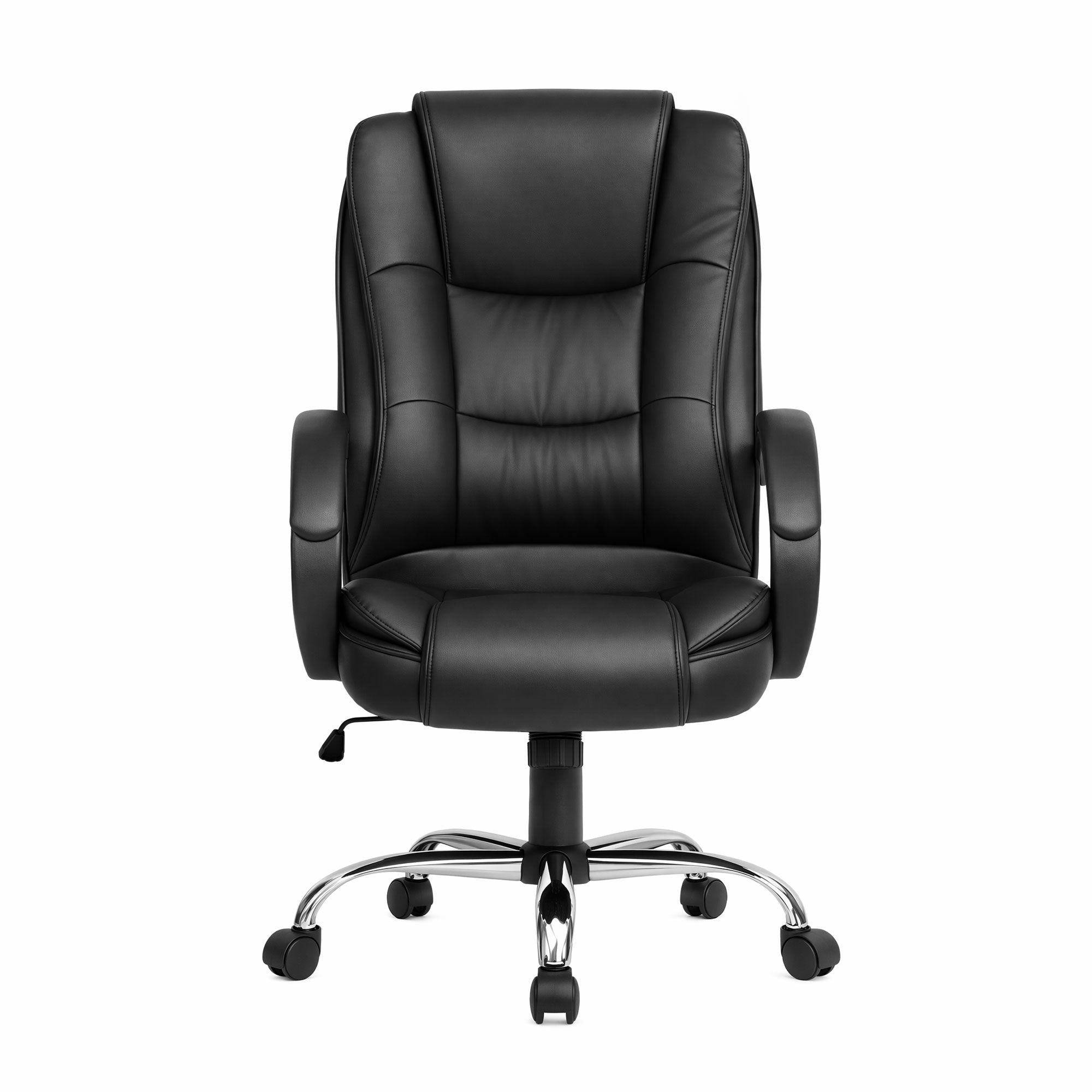 Black leather executive office chair with padded headrest, seat, and chrome star base